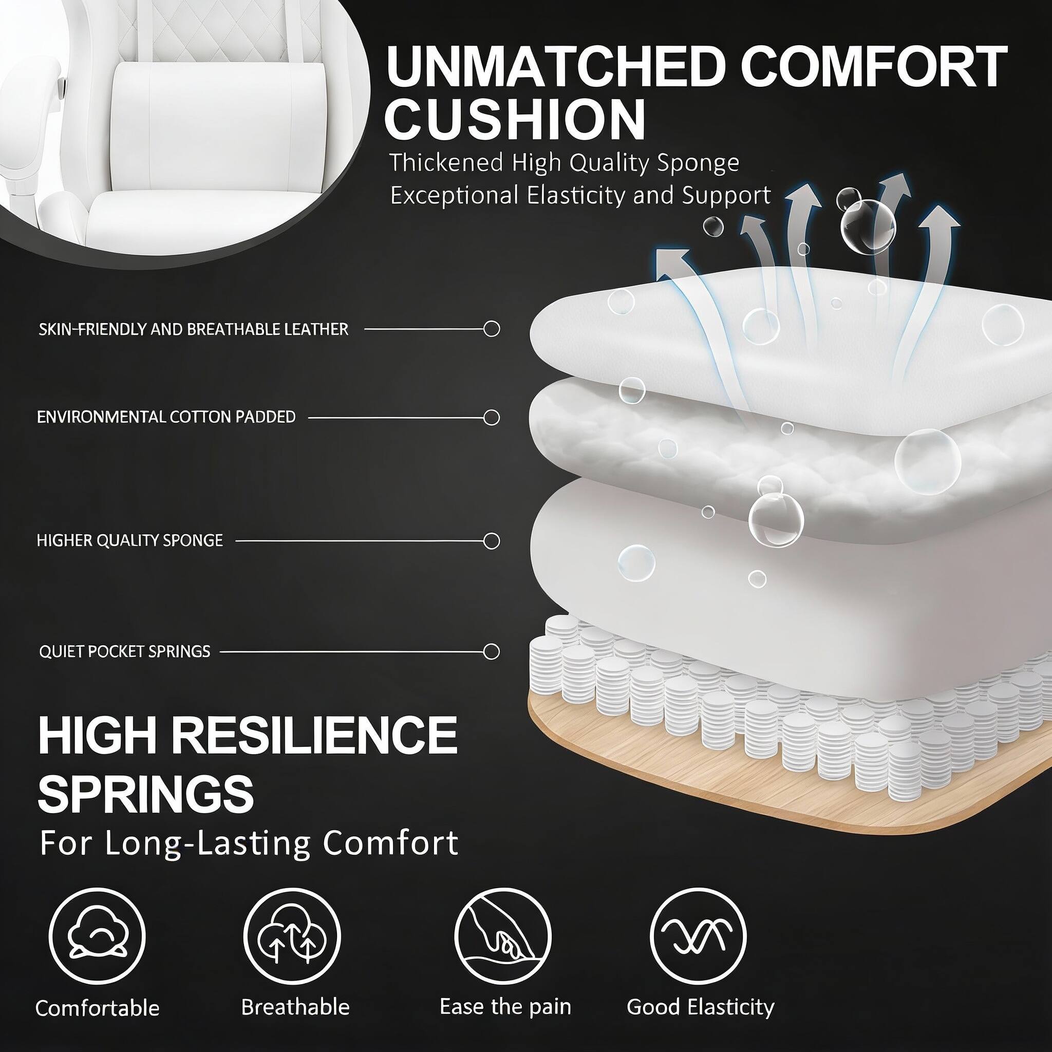 UNMATCHED COMFORT CUSHION  
Thickened High Quality Sponge  
Exceptional Elasticity and Support  

SKIN-FRIENDLY AND BREATHABLE LEATHER  
ENVIRONMENTAL COTTON PADDED  
HIGHER QUALITY SPONGE  
QUIET POCKET SPRINGS  

HIGH RESILIENCE SPRINGS  
For Long-Lasting Comfort  

Comfortable  
Breathable  
Ease the pain  
Good Elasticity