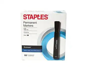 STAPLES Permanent Markers
12 Qty
Chisel Tip
Black
Duramark
Marks easily and resists fading
100% Satisfaction Guaranteed
