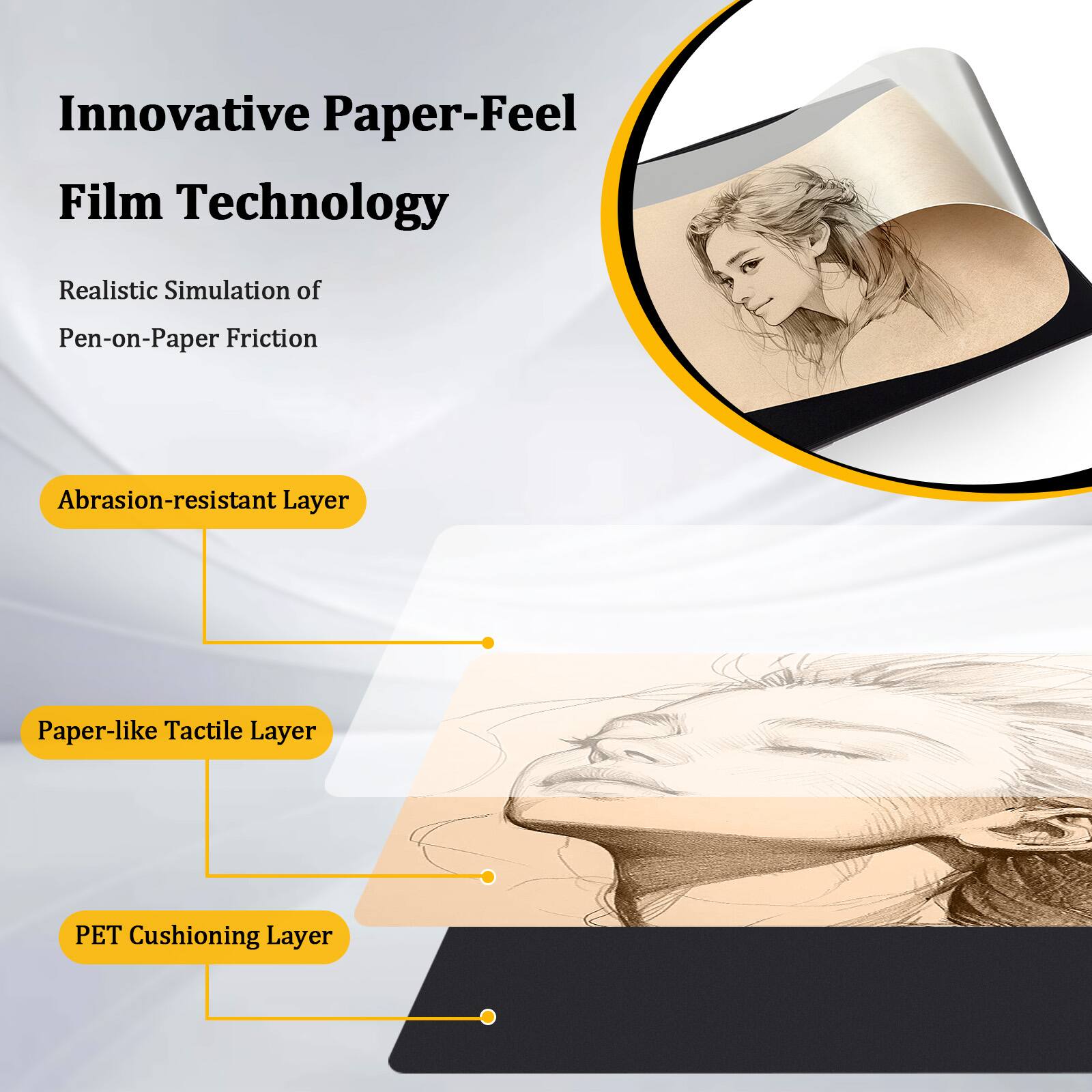 Innovative Paper-Felt Film Technology  
Realistic Simulation of Pen-on-Paper Friction  
- Abrasion-resistant Layer  
- Paper-like Tactile Layer  
- PET Cushioning Layer