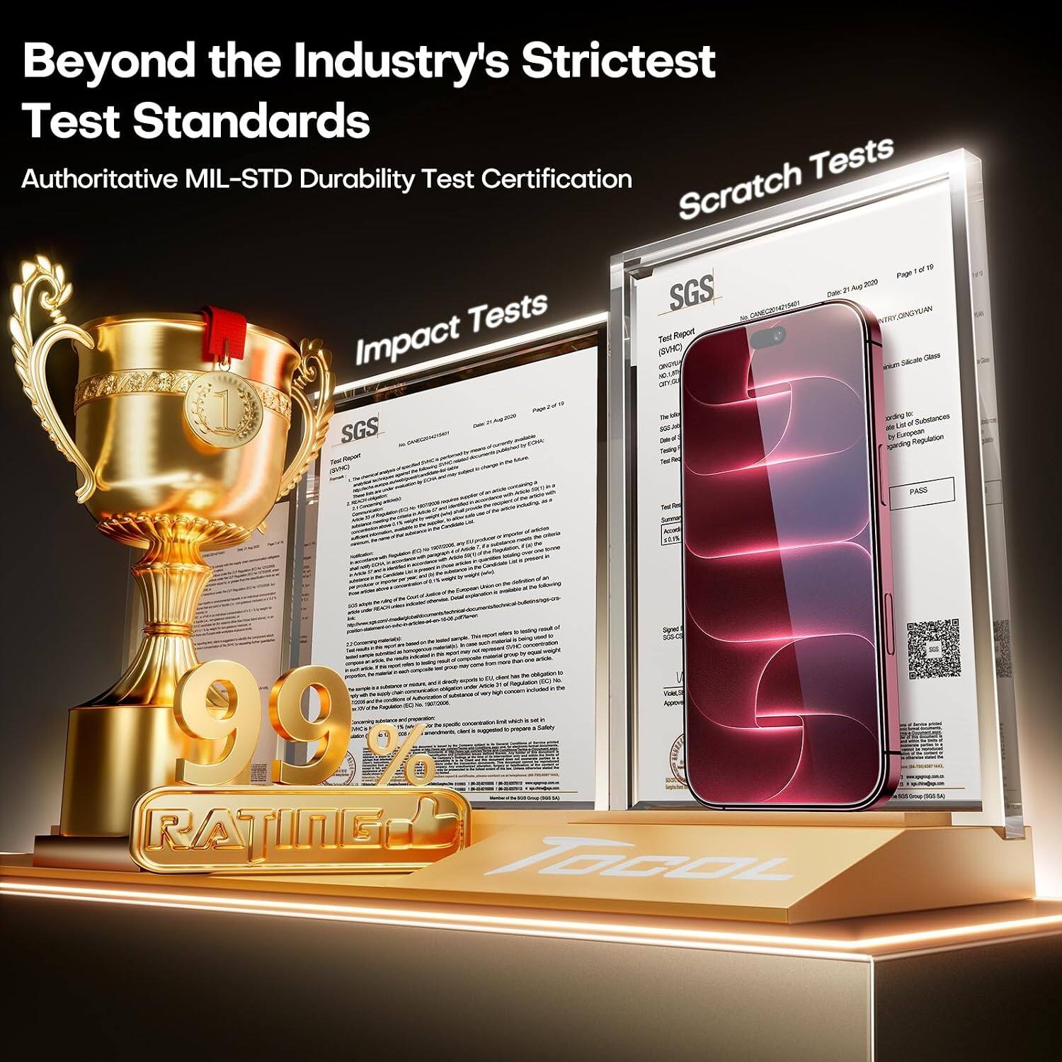 Beyond the Industry's Strictest Test Standards  
Authoritative MIL-STD Durability Test Certification  
Tests Scratch 1d' 19 Page Tests SGS Impact Test Report (SVHC) Glass Salcate SGS 836 Regulation (SVNO PASS  
u cans Appove - 99% della - Salety RATINE TOCOL