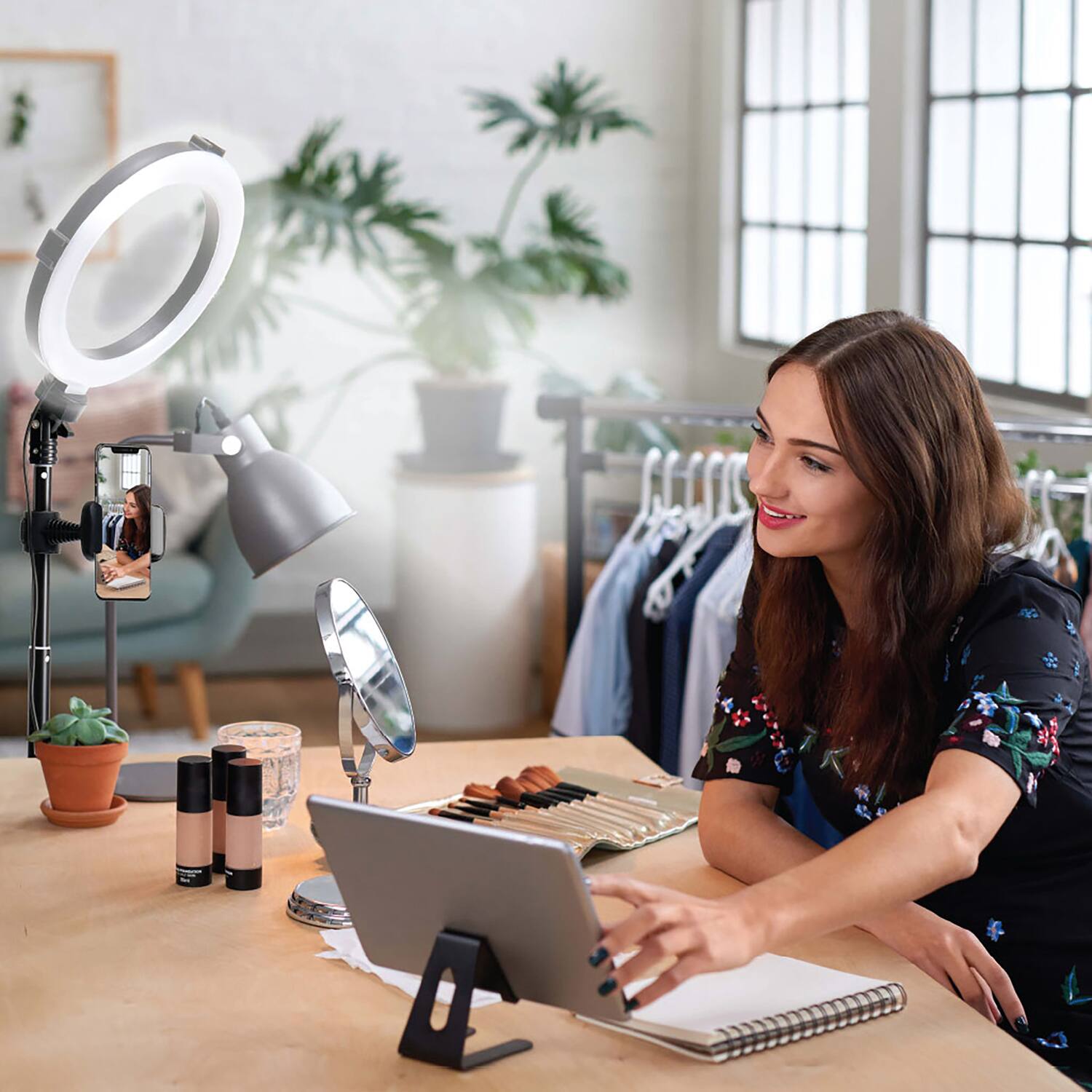 Angle. Bower - 8" Selfie Ring Light Studio, 51" Tripod Stand, Phone Holder - Black.