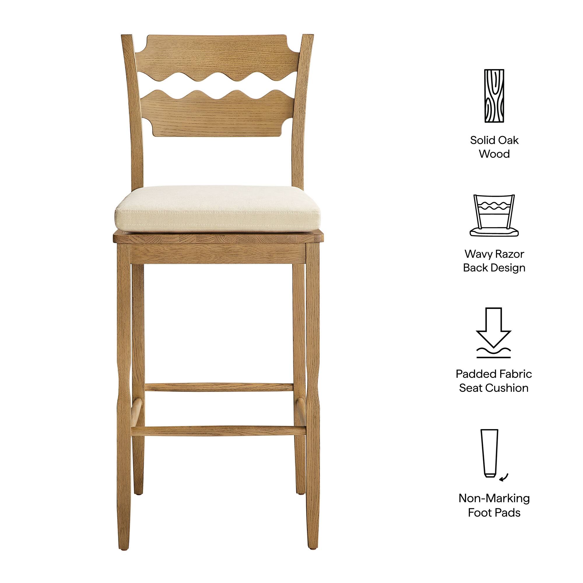 Solid Oak Wood Wavy Razor Back Design Padded Fabric Seat Cushion Non-Marking Foot Pads
