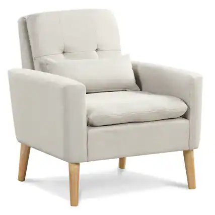 Front. Costway - Mid-Century Modern Linen Accent Chair with Lumbar Pillow - Beige.