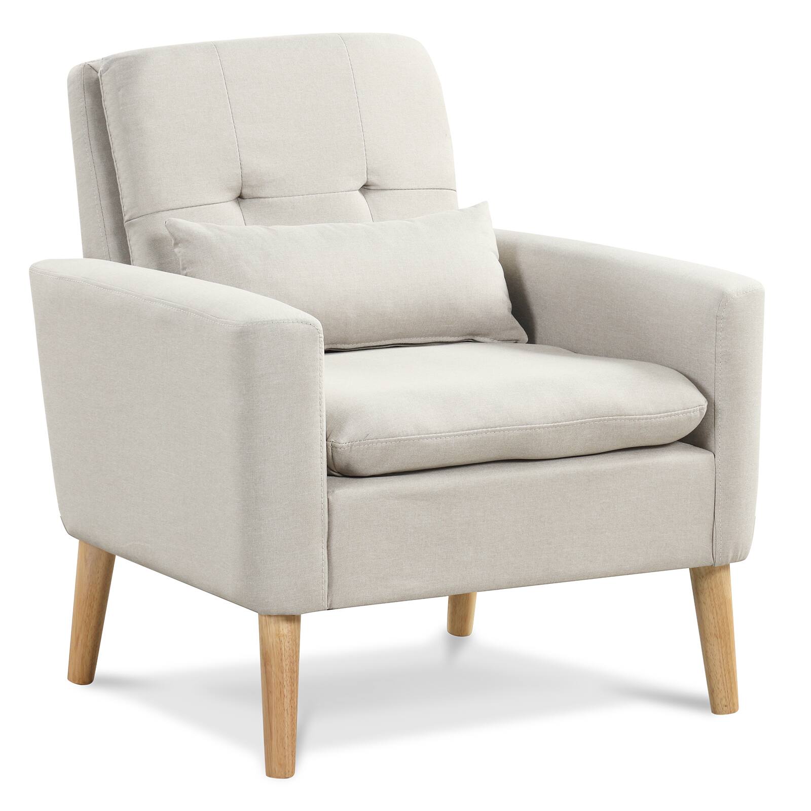 Costway - Mid-Century Modern Linen Accent Chair with Lumbar Pillow - Beige