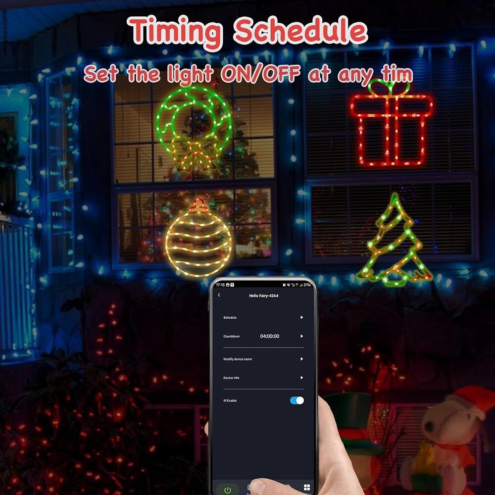 Timing Schedule  
Set the light ON/OFF at any time  

Hello Fairy-42A4  
Courtroom 04:00:00  
Mudily Ventoe - Device I F . Snable