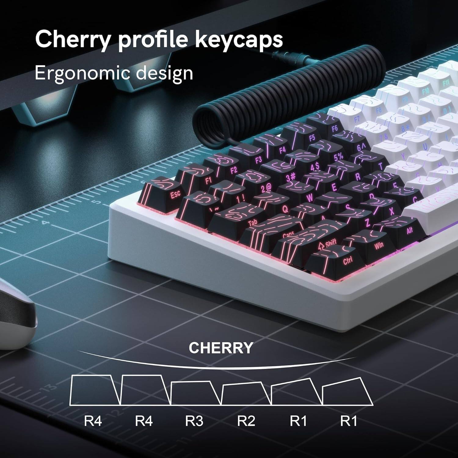 Cherry profile keycaps  
Ergonomic design  

F1 F1  
Esc F1  
F4 F3 F2  
3# 2@ 2 1 1!  
Q Tab  
W E E R T Y U I O P  
A S D F G H J K L  
Z X C V B N M  
Alt Shift Win Ctrl  

CHERRY  
R4 R4 R3 R2 R1 R1