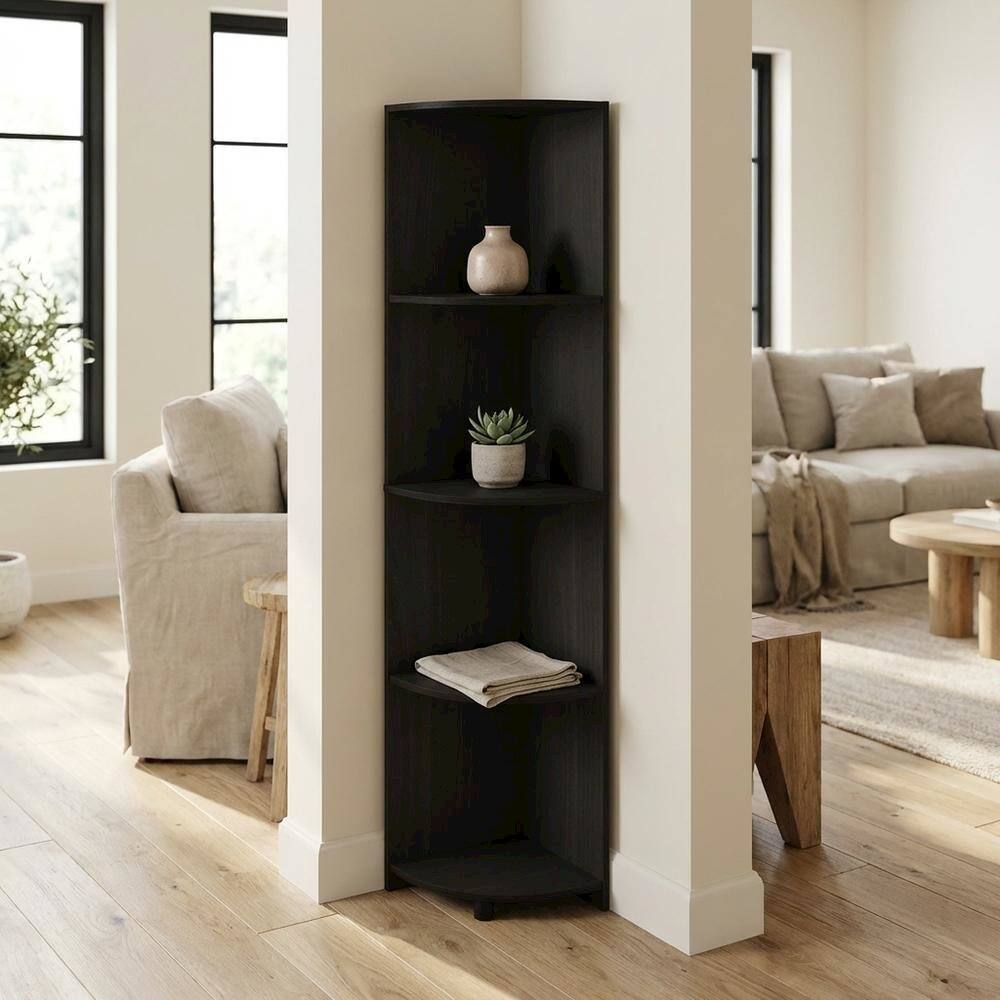 Left. FurniFact - 4-Tier Corner Bookcase with Multiple Shelves for Space Optimization - Espresso.