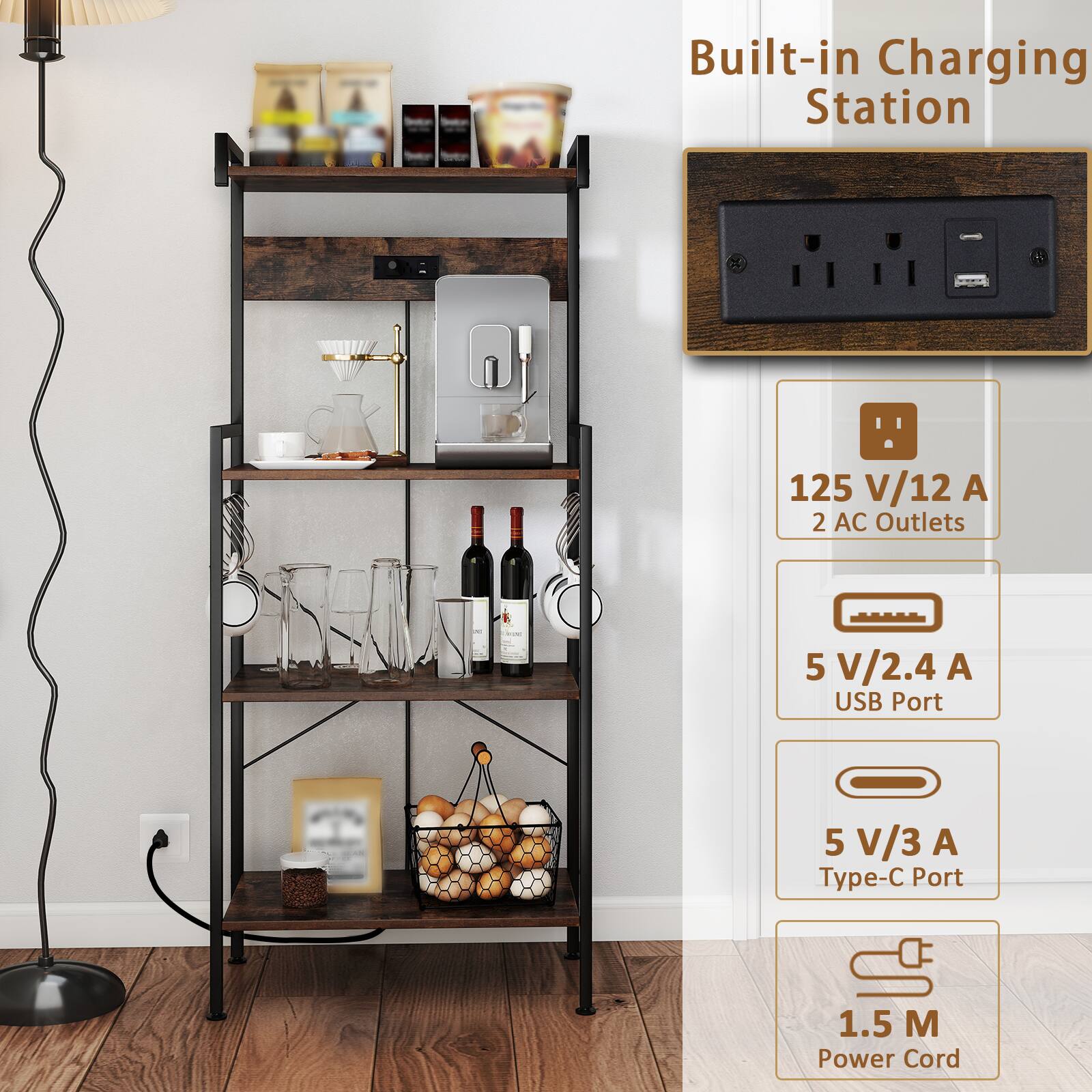 Built-in Charging Station  
125 V/12 A  
2 AC Outlets  
5 V/2.4 A USB Port  
5 V/3 A Type-C Port  
1.5 M Power Cord