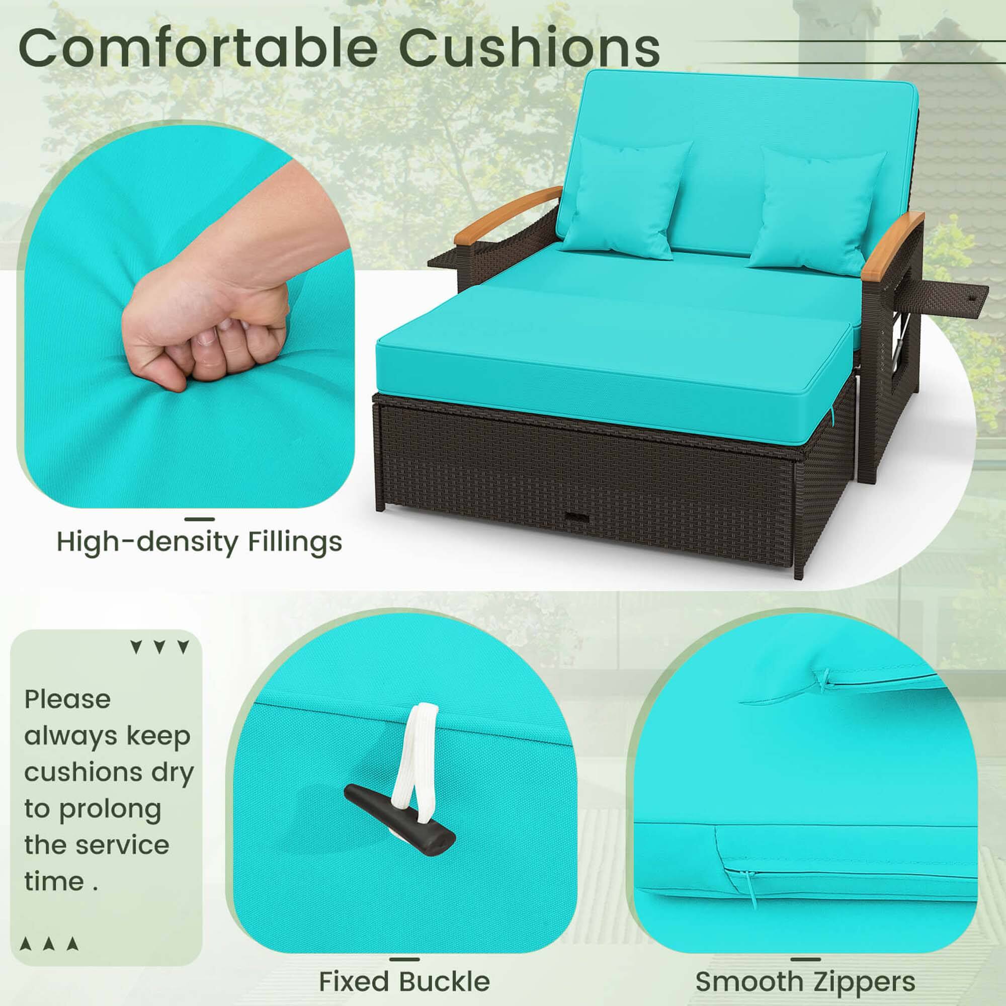 Comfortable Cushions  
High-density Fillings  

Please always keep cushions dry to prolong the service time  

Fixed Buckle  
Smooth Zippers