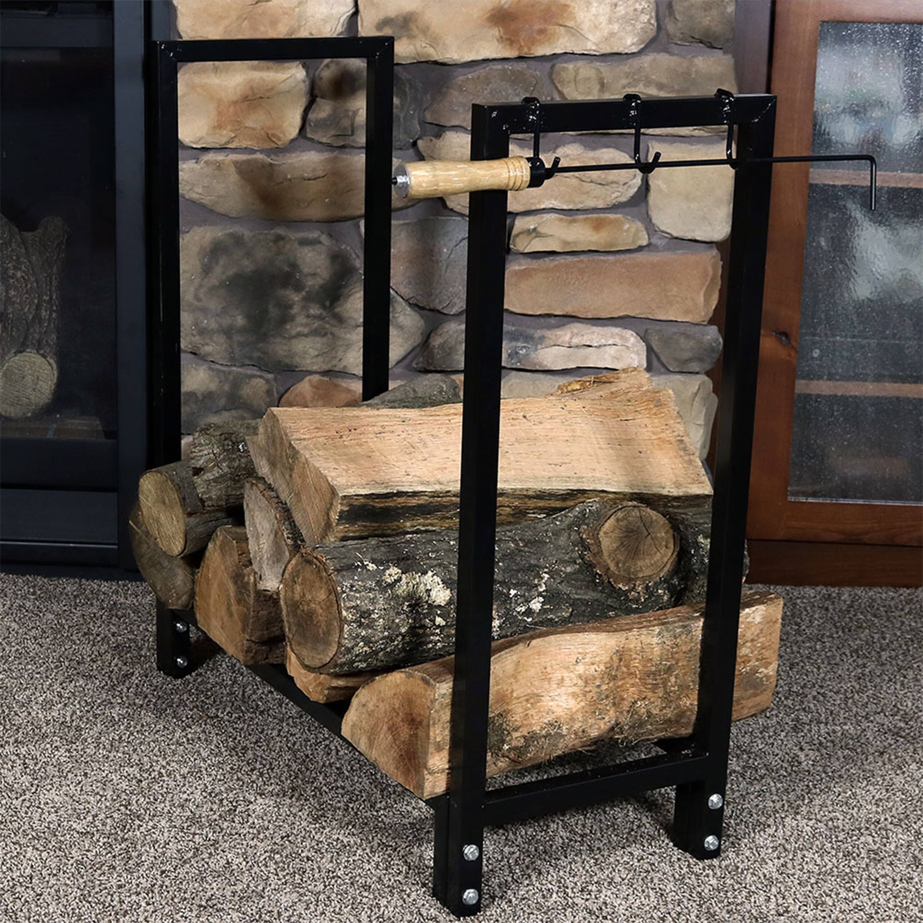 Alt View 1. Sunnydaze - 30 in Powder-Coated Steel Firewood Log Rack and Cover - Black.