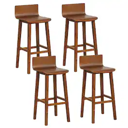 Costway - 29" Wood Bar Stools Set of 4 with Solid Back & Seat Mid Century Bar Chairs - Brown
