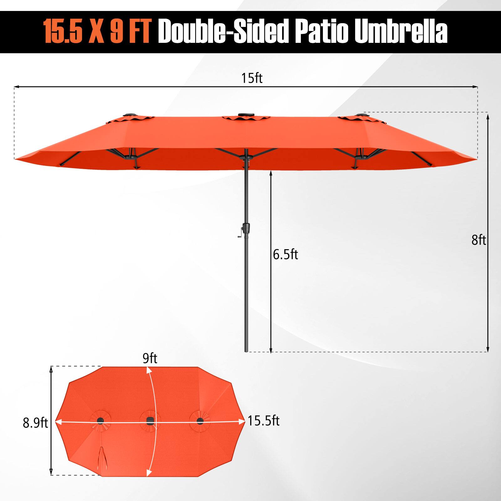 15.5 X 9 FT Double-Sided Patio Umbrella: 15ft, 6.5ft, 8ft, 9ft, 8.9ft, 15.5ft