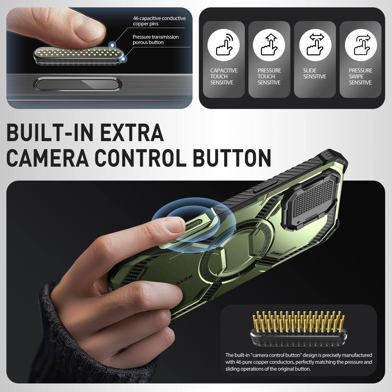 BUILT-IN EXTRA CAMERA CONTROL BUTTON

46 capacitive conductive copper pins
Pressure transmission porous button

CAPACITIVE TOUCH SENSITIVE
PRESSURE TOUCH SENSITIVE
SLIDE SENSITIVE
PRESSURE SWIPE SENSITIVE

The built-in "camera control button" design is precisely manufactured with 46 pure copper conductors, perfectly matching the pressure and sliding operations of the original button.