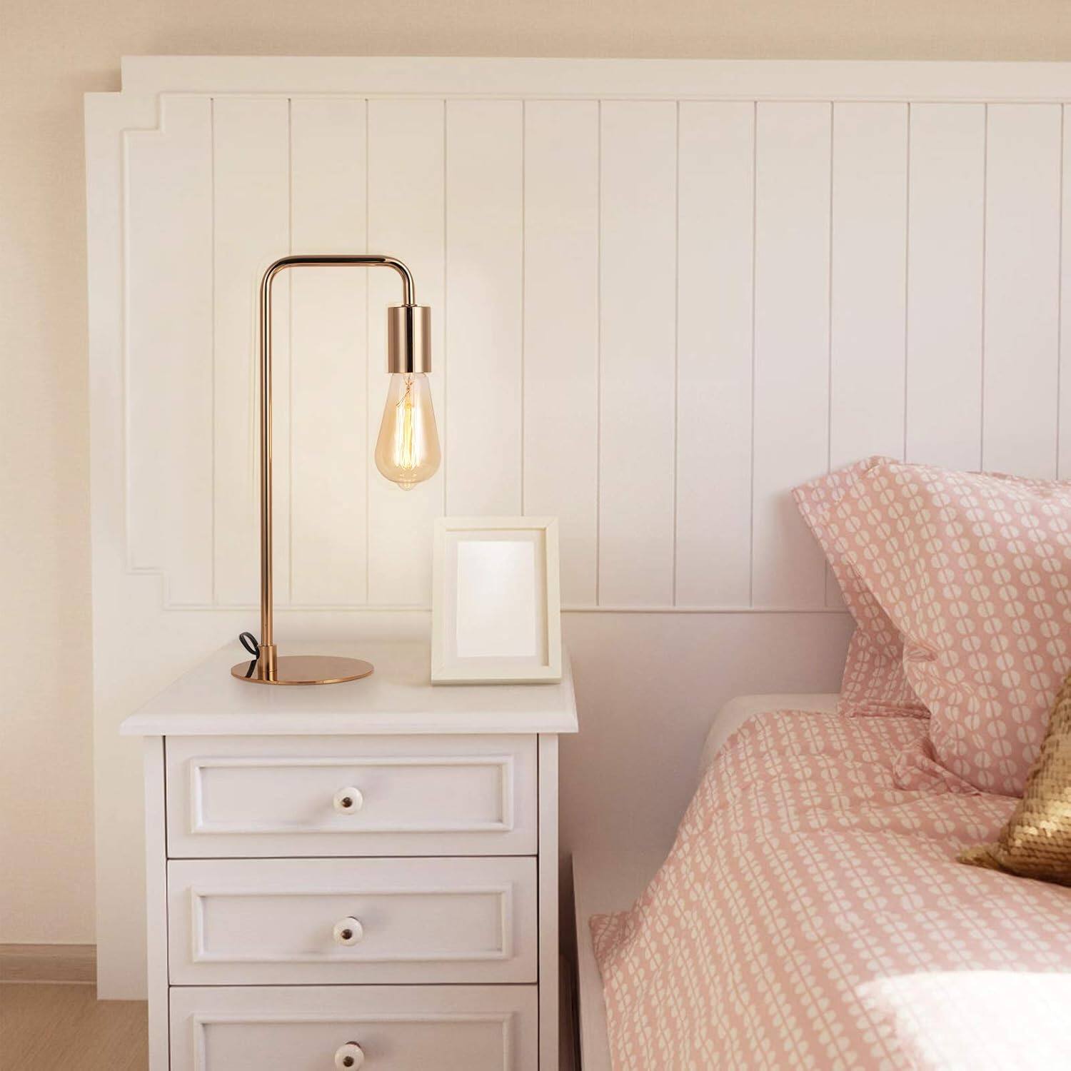 Alt View 1. Oumilen - Rose Gold Industrial Desk Lamp, 16in Tall, E26 Socket, Modern Metal Bedside Lamp (Bulb Not Included).