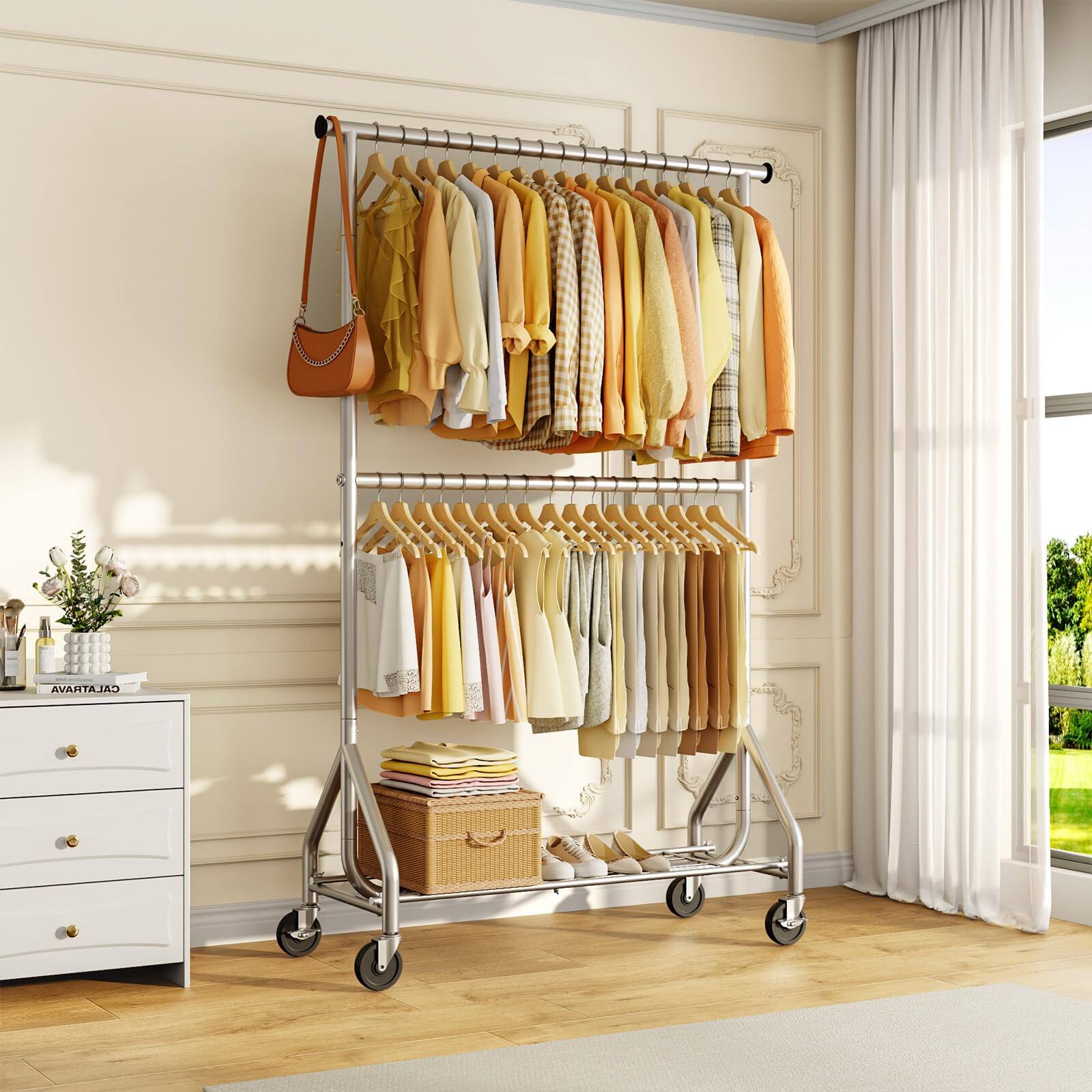 Alt View 7. Hirose Alice - Heavy Duty Clothes Rack  Double Rod Clothing Rack for Hanging Clothes  Rolling Garment Rack  Freestanding - Default.