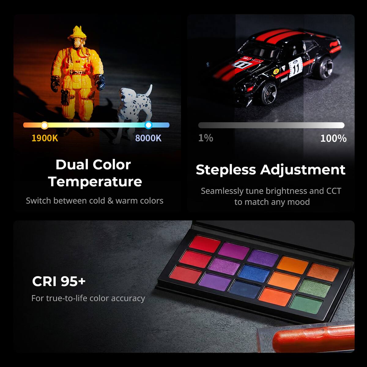 MGsN 17 a V 11 1900K 8000K 1% 100% Dual Color Temperature Switch between cold & warm colors Stepless Adjustment Seamlessly tune brightness and CCT to match any mood CRI 95+ For true-to-life color accuracy