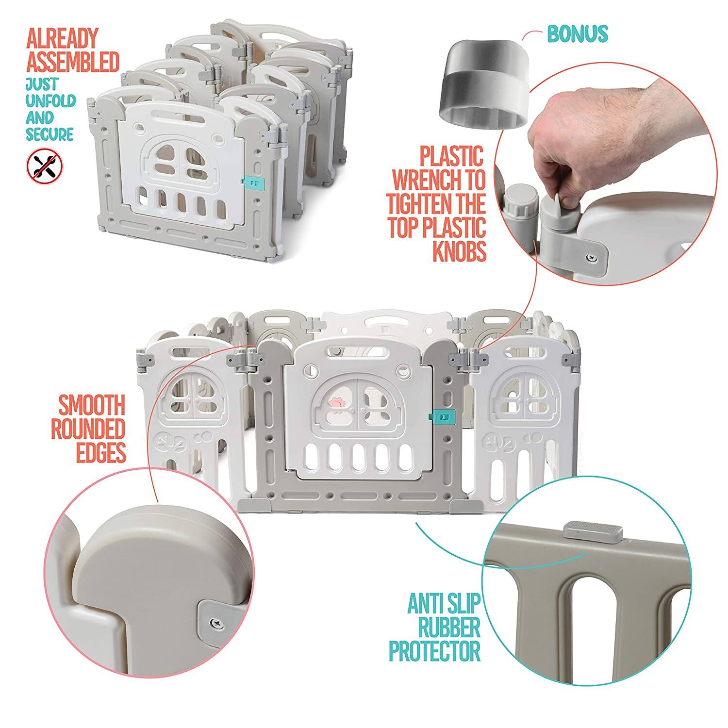 ALREADY ASSEMBLED  
JUST UNFOLD AND SECURE  

BONUS  
PLASTIC WRENCH TO TIGHTEN THE TOP PLASTIC KNOBS  

SMOOTH ROUNDED EDGES  

ANTI SLIP RUBBER PROTECTOR