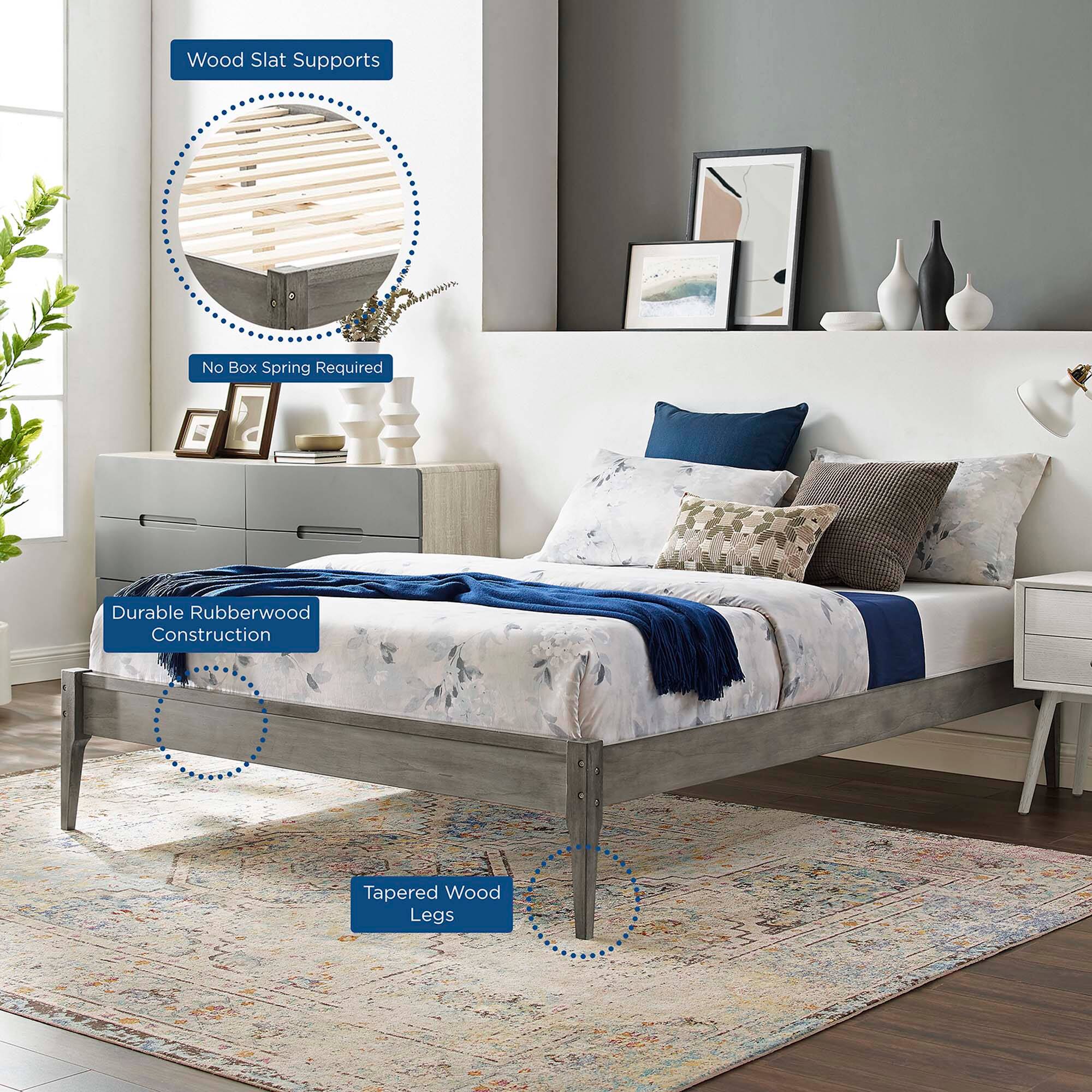 - Wood Slat Supports
- No Box Spring Required
- Durable Rubberwood Construction
- Tapered Wood Legs
