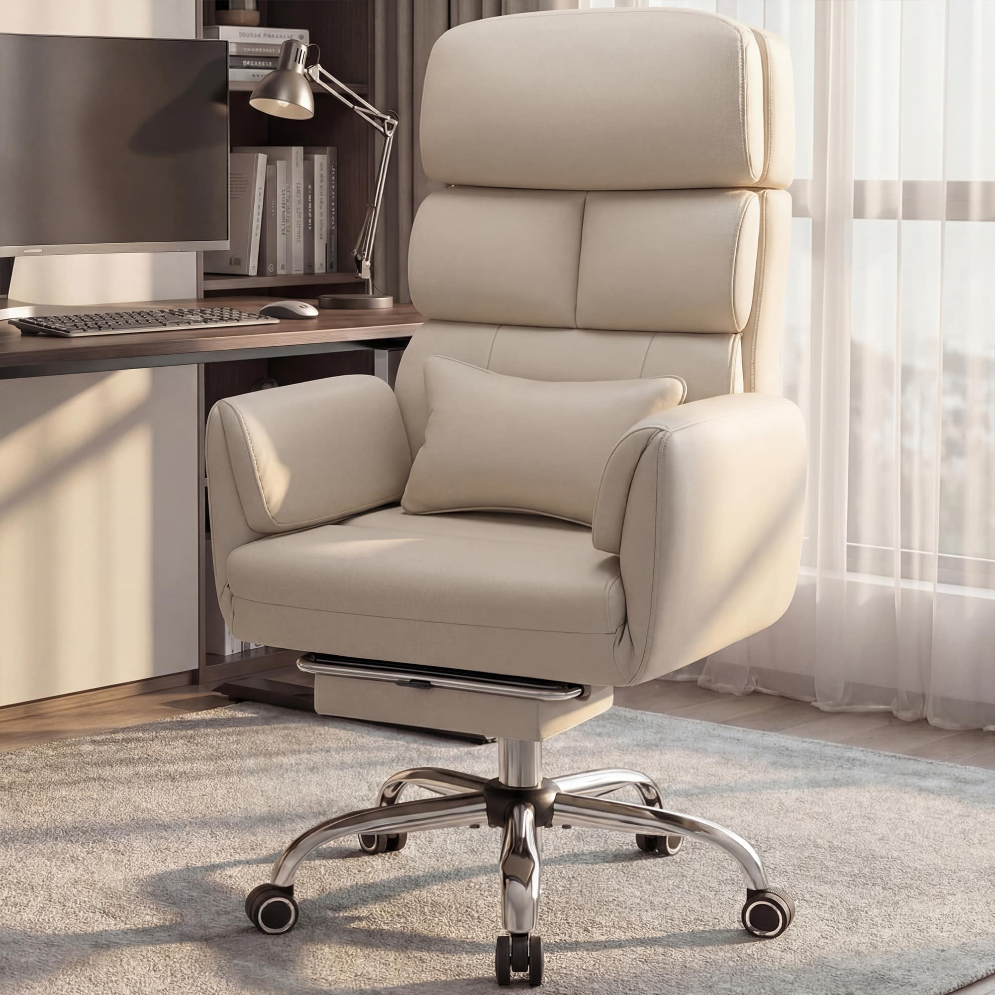 KERDOM - Big Tall Office Chair with Reversible Arm, PU Leather Executive Manager Boss Chair with Lifting Headrest & Lumbar Pillow - Beige