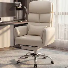 KERDOM - Big Tall Office Chair with Reversible Arm, PU Leather Executive Manager Boss Chair with Lifting Headrest & Lumbar Pillow - Beige