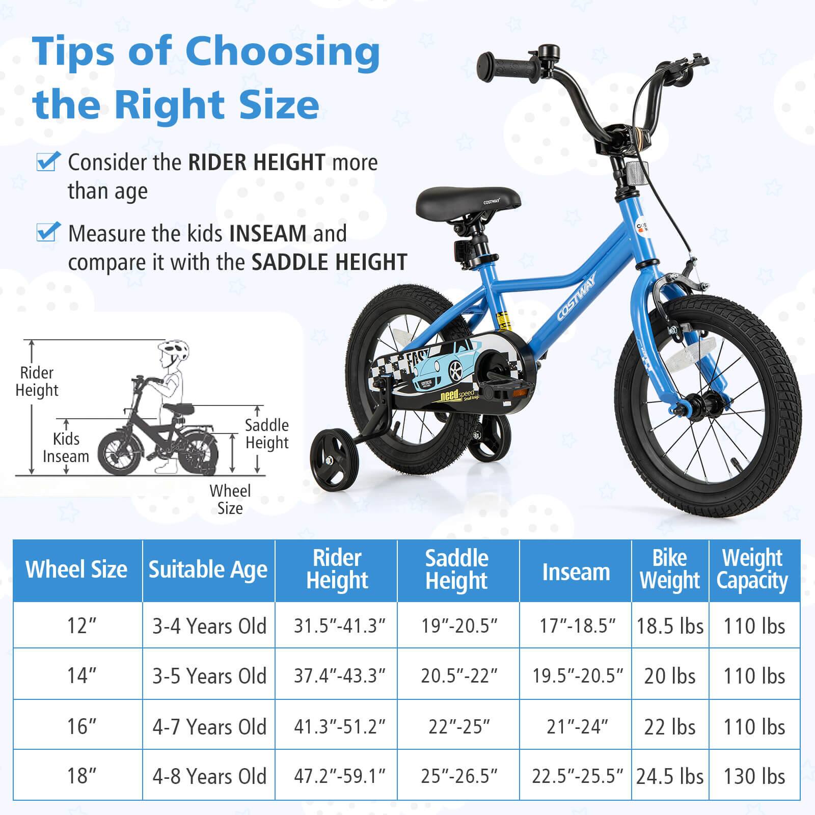 Tips of Choosing the Right Size

- Consider the RIDER HEIGHT more than age
- Measure the kids INSEAM and compare it with the SADDLE HEIGHT

| Wheel Size | Suitable Age | Rider Height | Saddle Height | Inseam | Bike Weight | Weight Capacity |
|------------|-------------|-------------|--------------|--------|-------------|----------------|
| 12"        | 3-4 Years Old | 31.5"-41.3"  | 19"-20.5"     | 17"-18.5" | 18.5 lbs    | 110 lbs        |
| 14"        | 3-5 Years Old | 37.4"-43.3"  | 20.5"-22"     | 19.5"-20.5" | 20 lbs    | 110 lbs        |
| 16"        | 4-7 Years Old | 41.3"-51.2"  | 22"-25"       | 21"-24"   | 22 lbs    | 110 lbs       