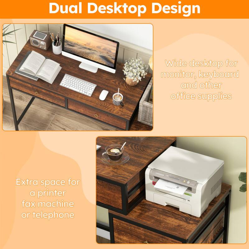 Dual Desktop Design

Wide desktop for monitor, keyboard and other office supplies

Extra space for a printer fax machine or telephone