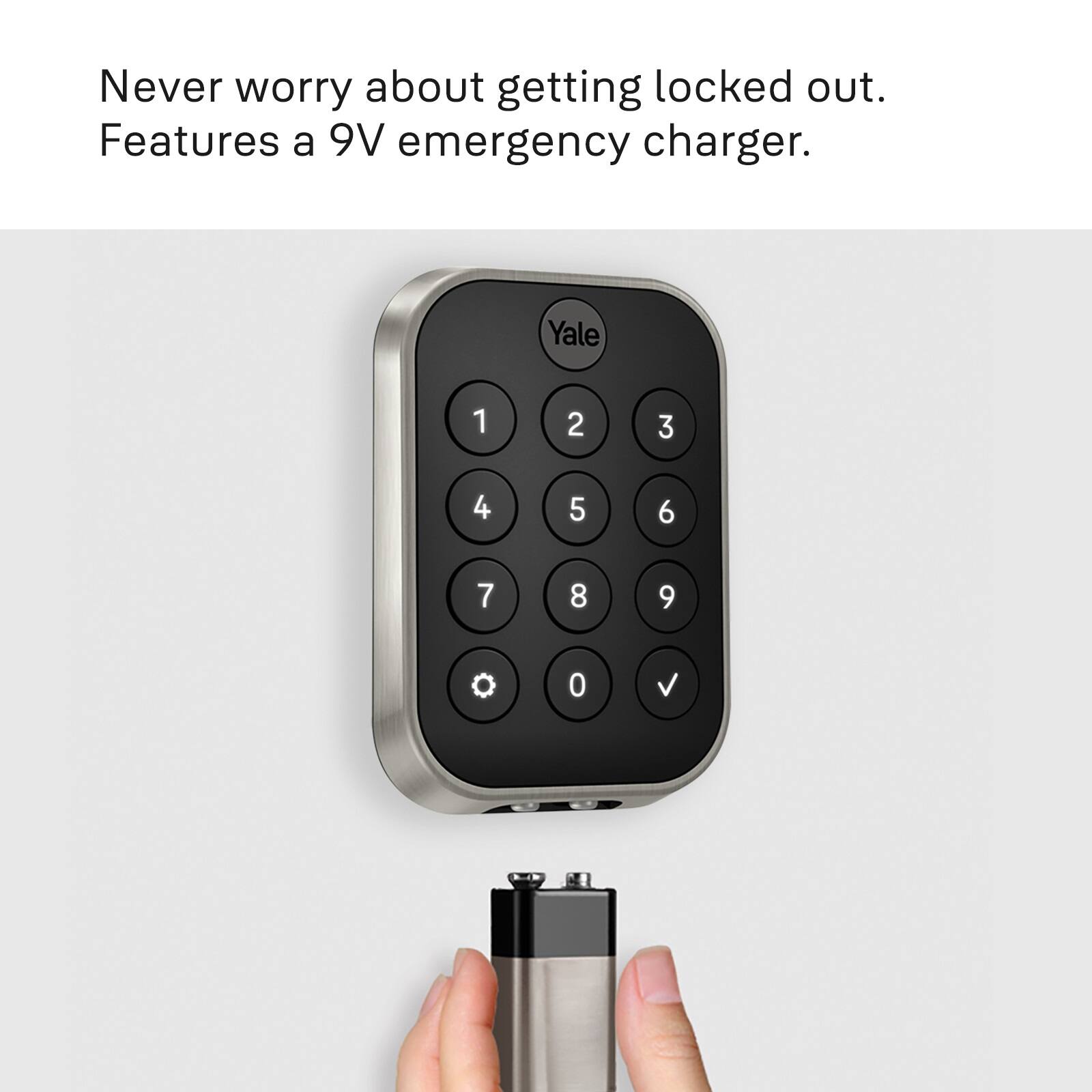 Never worry about getting locked out. Features a 9V emergency charger.