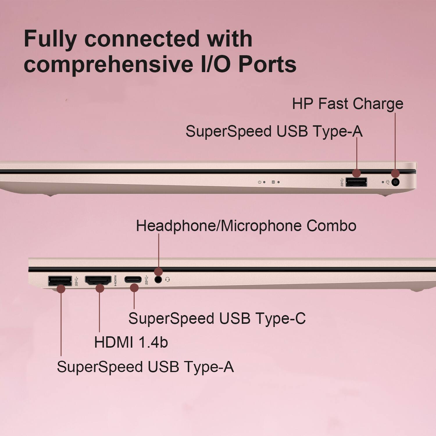 Fully connected with comprehensive I/O Ports

- HP Fast Charge
- SuperSpeed USB Type-A
- Headphone/Microphone Combo
- SuperSpeed USB Type-C
- HDMI 1.4b
- SuperSpeed USB Type-A