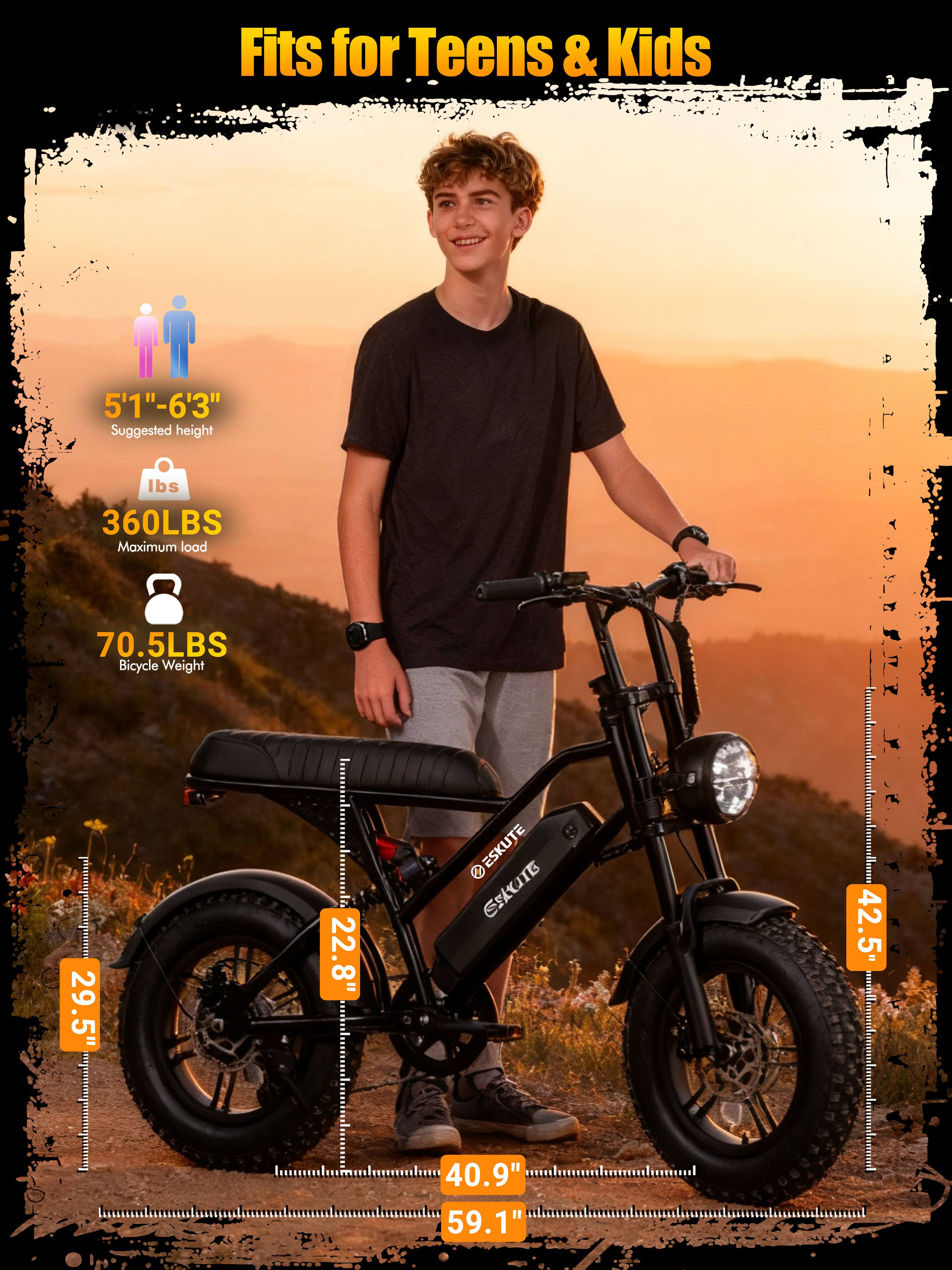 Fits for Teens & Kids  
5'1" - 6'3"  
Suggested height  
360LBS Maximum load  
70.5LBS Bicycle Weight  
29.5"  
22.8"  
40.9"  
59.1"  
42.5"