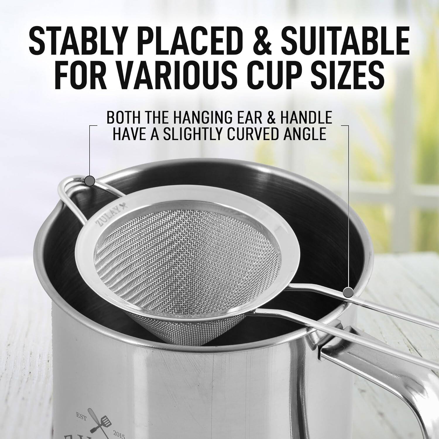 STABLY PLACED & SUITABLE FOR VARIOUS CUP SIZES

BOTH THE HANGING EAR & HANDLE HAVE A SLIGHTLY CURVED ANGLE