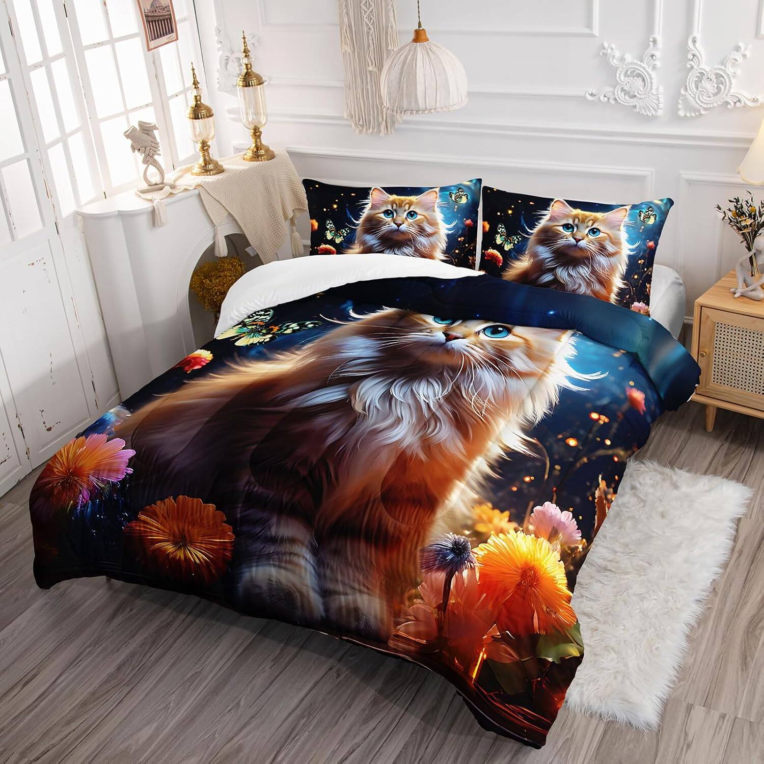 Alt View 1. Wikistore - WIKISTORE Kawaii Cat Comforter Set Queen Size 3D Animals Flowers Bedding for Girls Kids Teens - As Picture.