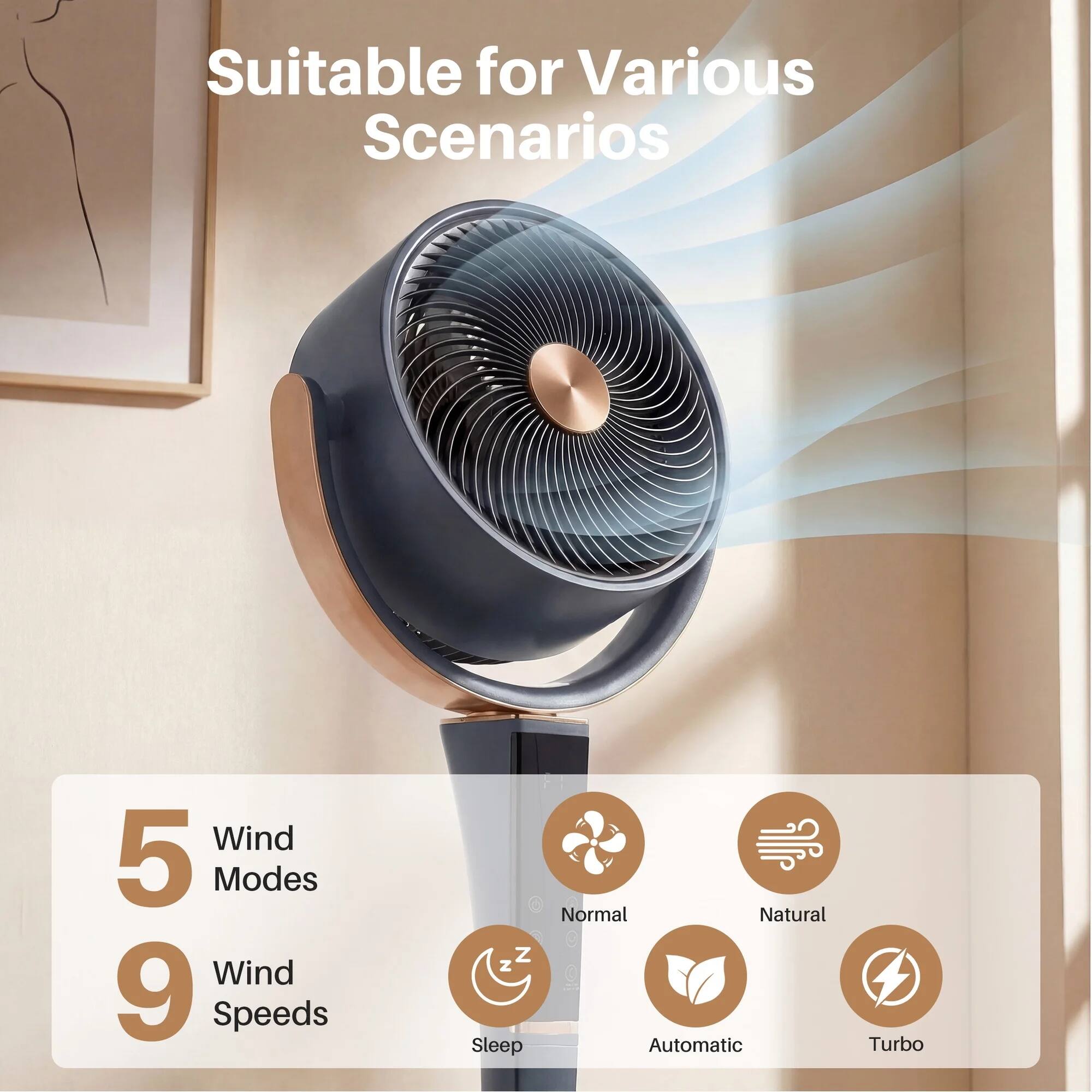 Suitable for Various Scenarios

Wind 5 Modes
Wind 9 Speeds

- Sleep
- Normal
- Natural
- Automatic
- Turbo