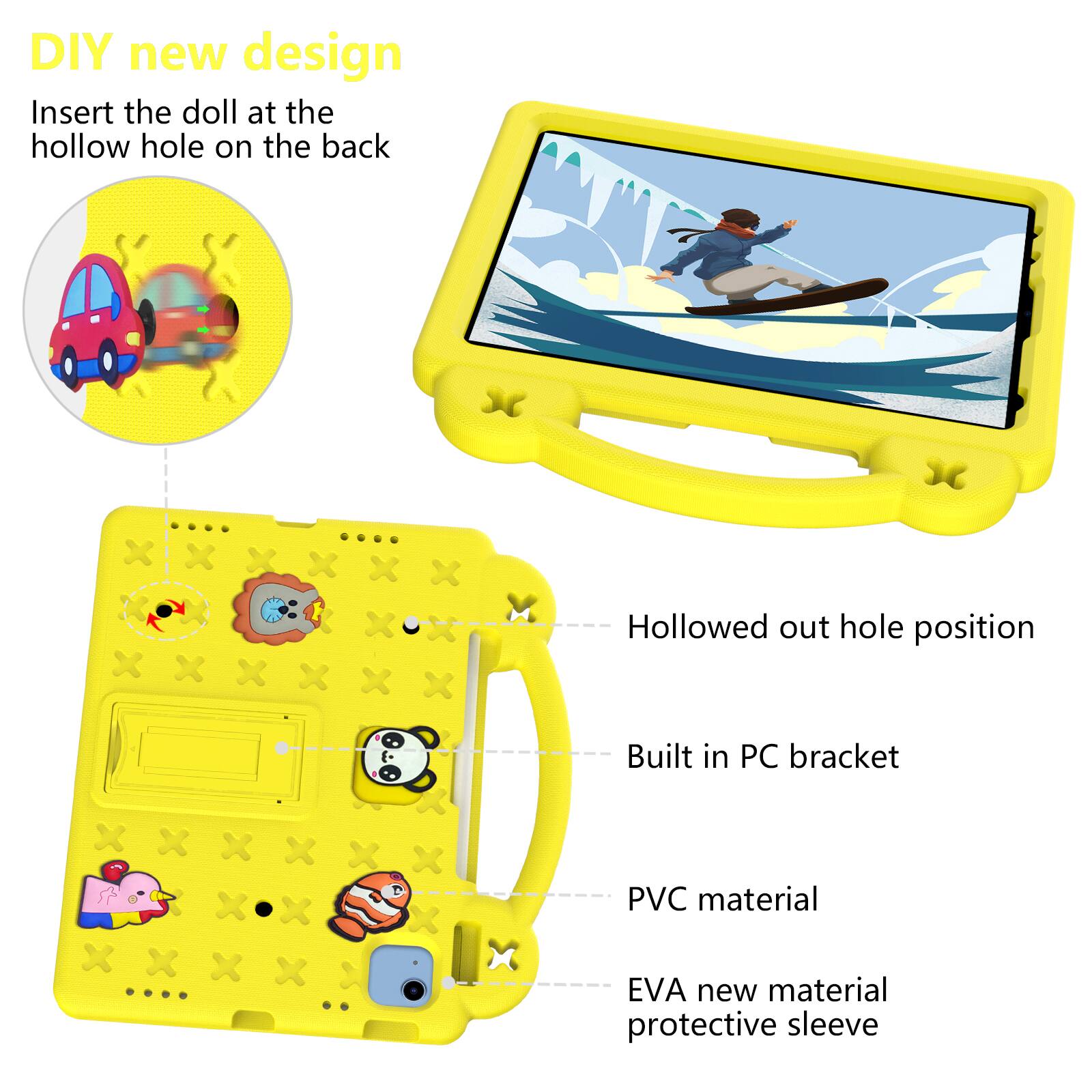 DIY new design  
Insert the doll at the hollow hole on the back  

- Hollowed out hole position  
- Built in PC bracket  
- PVC material  
- EVA new material protective sleeve