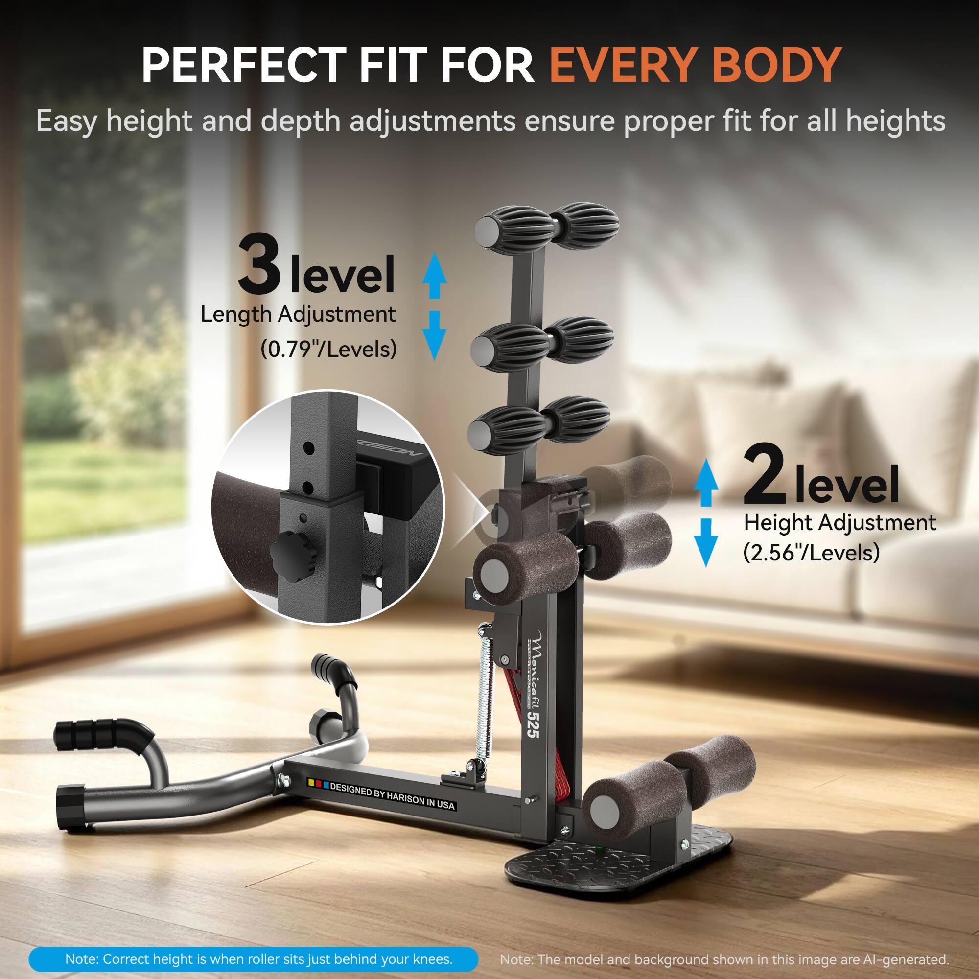PERFECT FIT FOR EVERY BODY  
Easy height and depth adjustments ensure proper fit for all heights

3 level Length Adjustment (0.79"/Levels)  
2 level Height Adjustment (2.56"/Levels)

DESIGNED BY HARISON IN USA  
525 Monicafit

Note: Correct height is when roller sits just behind your knees.  
Note: The model and background shown in this image are AI-generated.