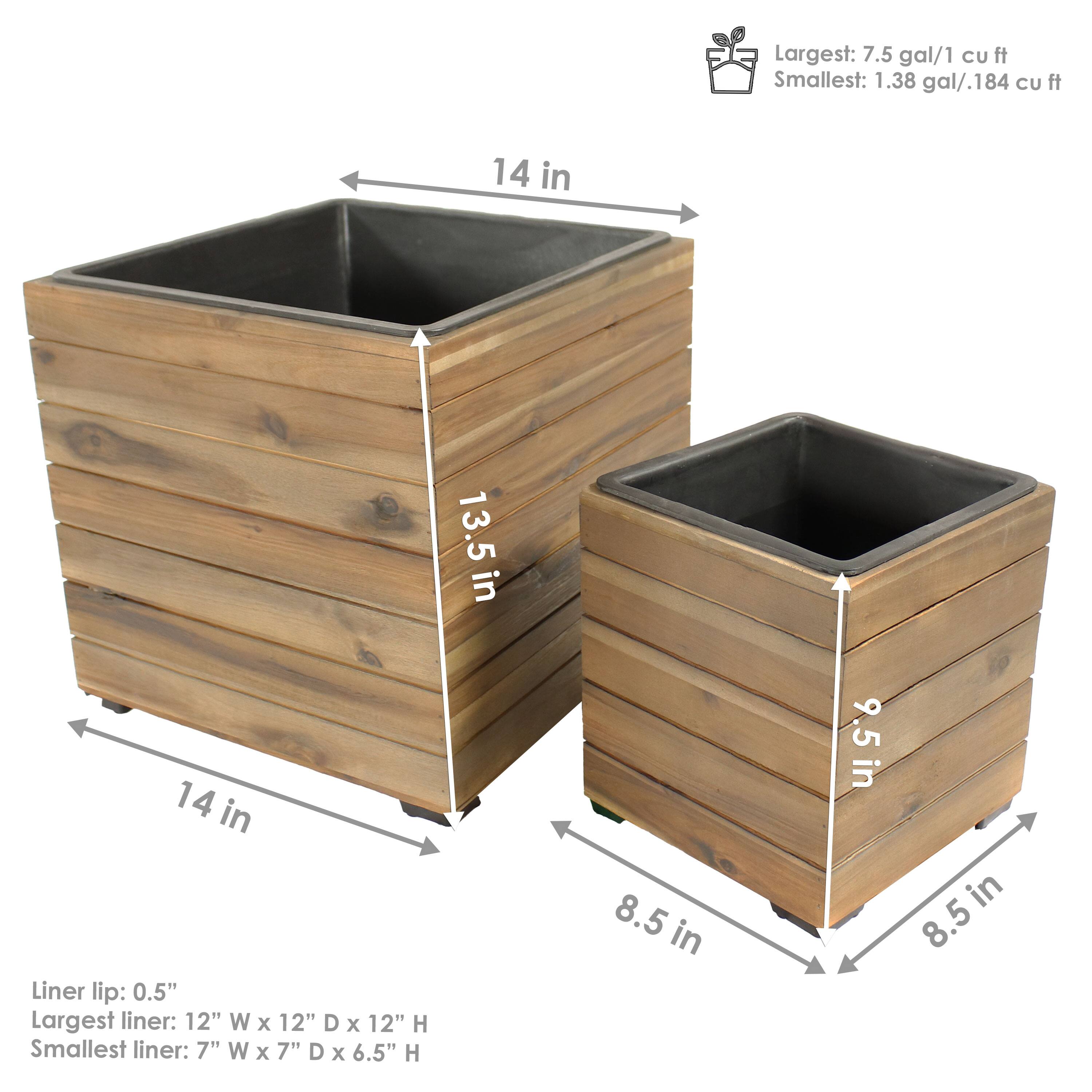 Largest: 7.5 gal/1 cu ft  
Smallest: 1.38 gal/.184 cu ft  

Liner lip: 0.5"  

Largest liner: 12" W x 12" D x 12" H  
Smallest liner: 7" W x 7" D x 6.5" H  

Dimensions:  
- Largest: 14 in W x 14 in D x 13.5 in H  
- Smallest: 8.5 in W x 8.5 in D x 9.5 in H