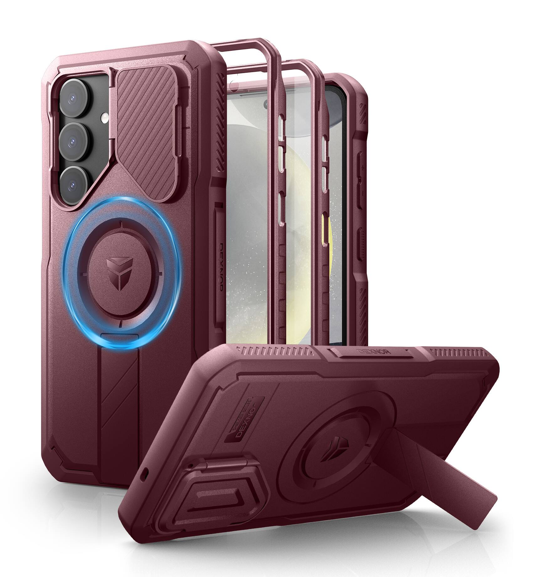 dexnor - for Samsung Galaxy S25 Plus Case with Camera Cover & Adjustable Kickstand & Built-in Screen Protector,Maroon Red - Phantom Purple