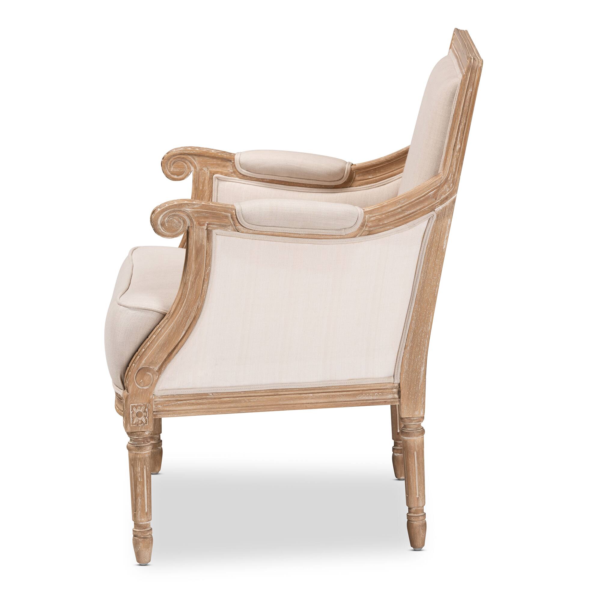 Left. Baxton Studio - Chavanon Wood & Linen Traditional French Accent Chair - Light Beige/Natural.