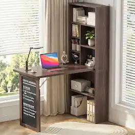 Aheaplus - Foldable Compact Desk: Built-in Outlets & Blackboard, Space-Saving Workstation for Home Office/Craft Room - Black Walnut