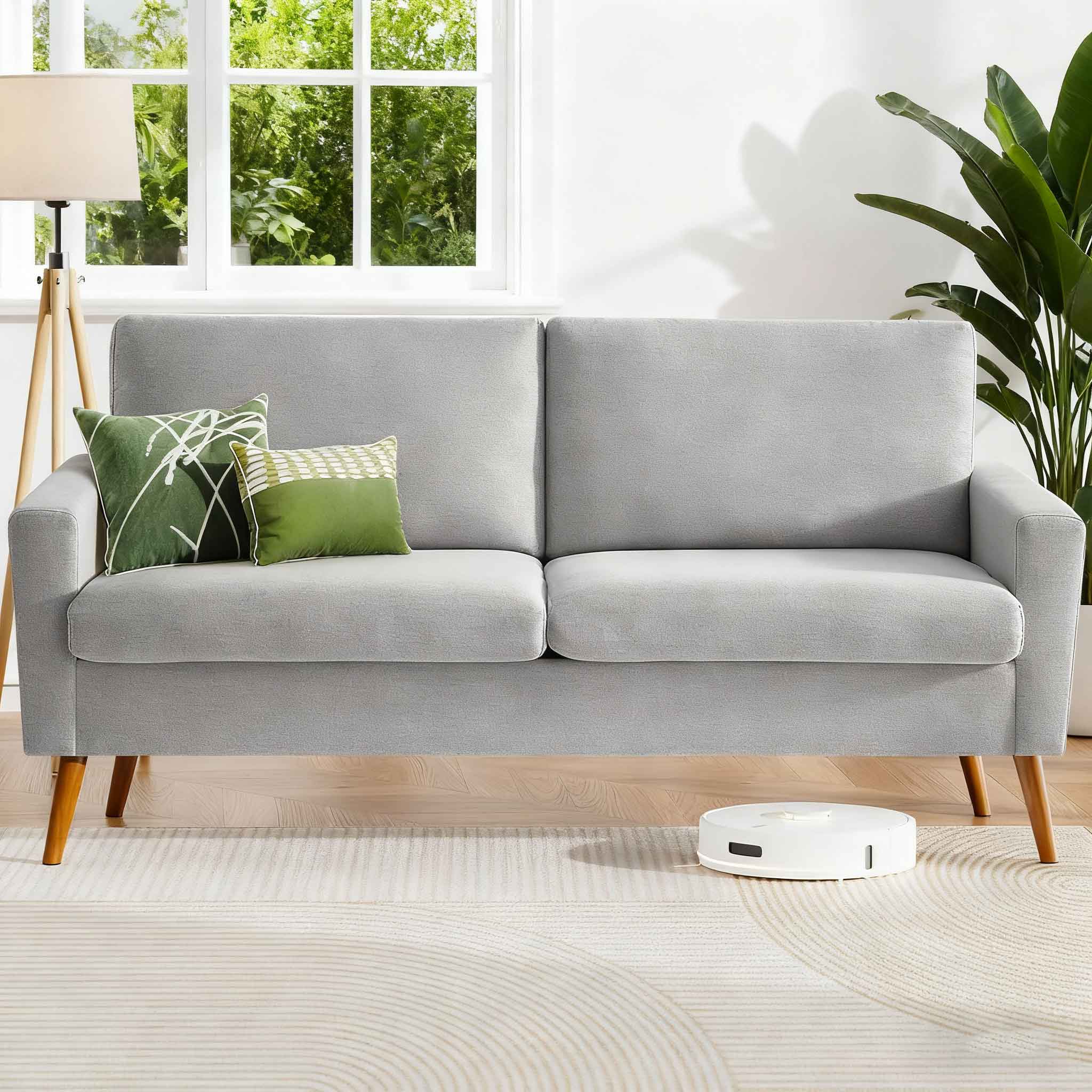 Vipbear - 68" Sofa Linen Couch Comfy Loveseat with Spring Cushion Solid Wood Light Grey - Gray