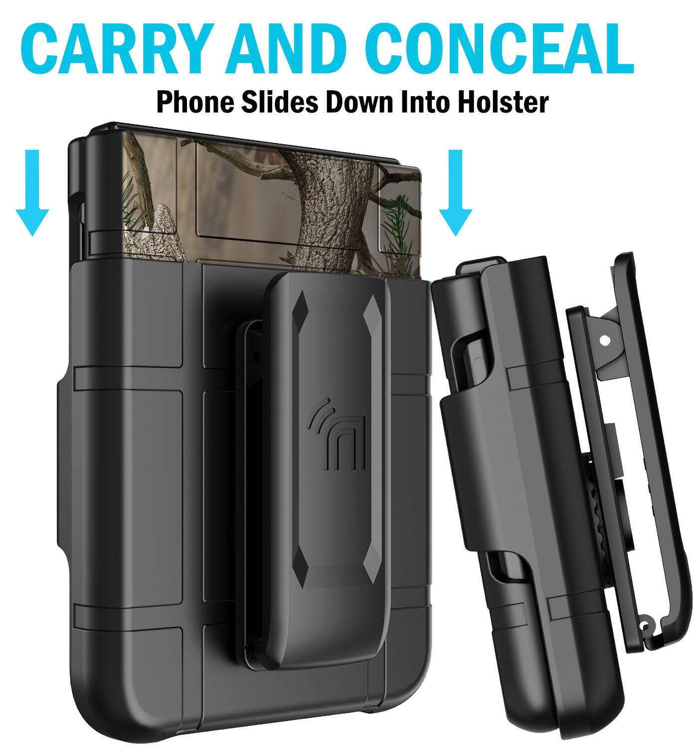 CARRY AND CONCEAL  
Phone Slides Down Into Holster