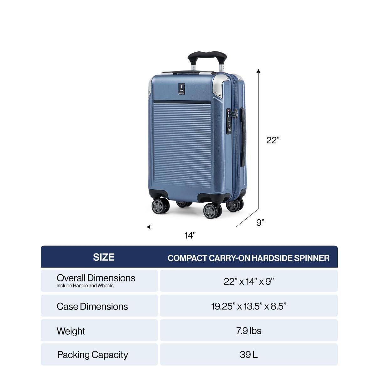 A 22" x 14" x 9" SIZE COMPACT CARRY-ON HARDSIDE SPINNER

Overall Dimensions (Include Handle and Wheels): 22" x 14" x 9"

Case Dimensions: 19.25" x 13.5" x 8.5"

Weight: 7.9 lbs

Packing Capacity: 39 L