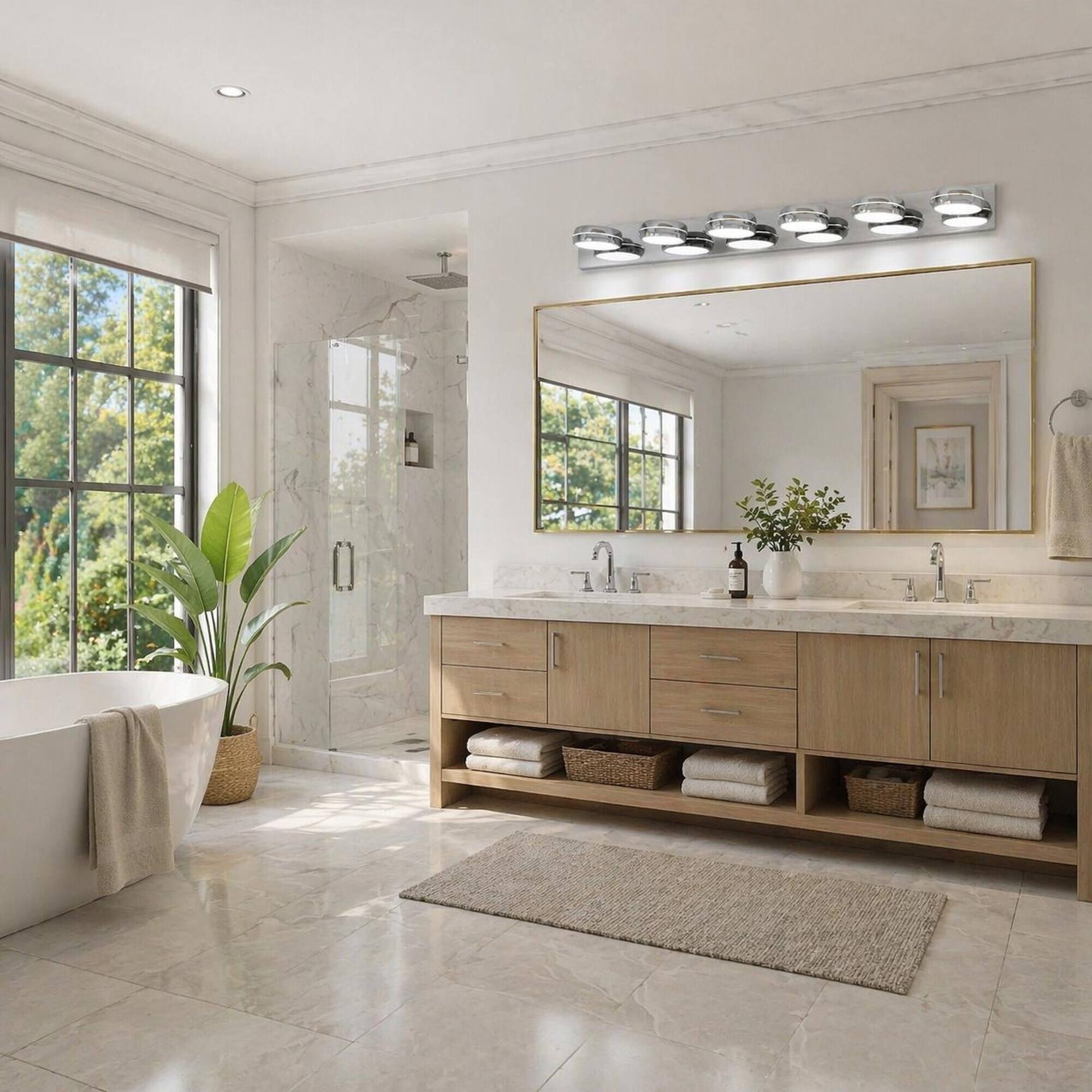 Angle. RYHNUYNE - 43" LED Vanity Light,6‑Light Chrome Bathroom Light Fixture Over Mirror,Wall Mount Mirror Lighting for Bathroom - Chrome.