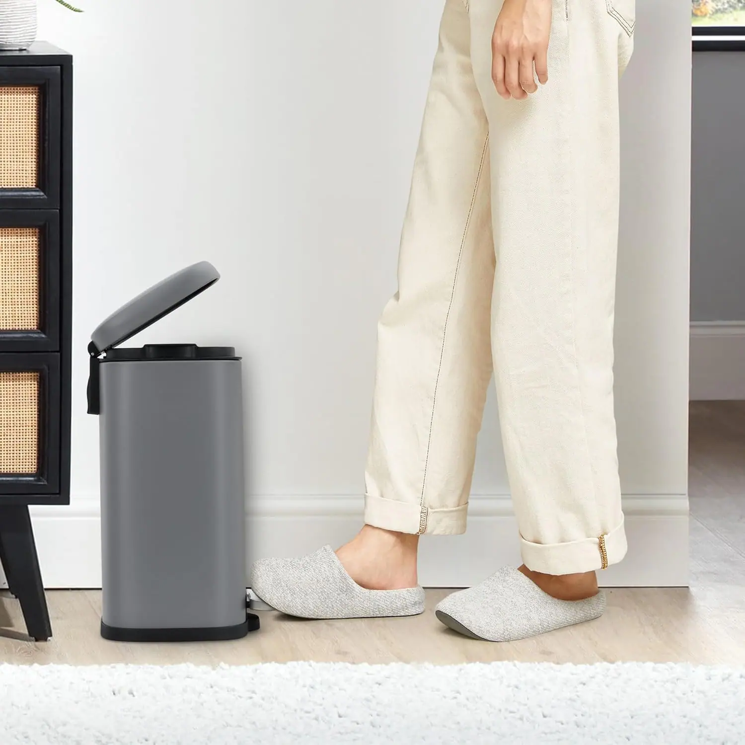 Left. Jojoka - Bathroom Trash Bin with Lid 5 Liter Stainless Steel Soft Close Step Pedal Fingerprint Resistant Finish, Gray - Gray.