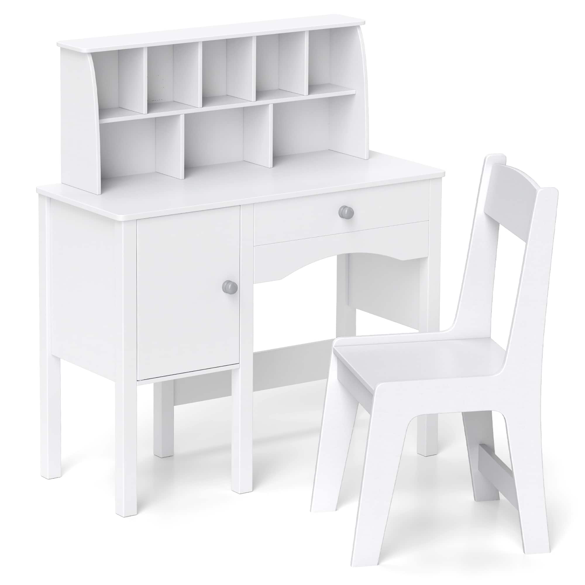 Gymax - Kids Study Desk & Chair Set Children Wooden Craft Table w/ Chair & Hutch - White