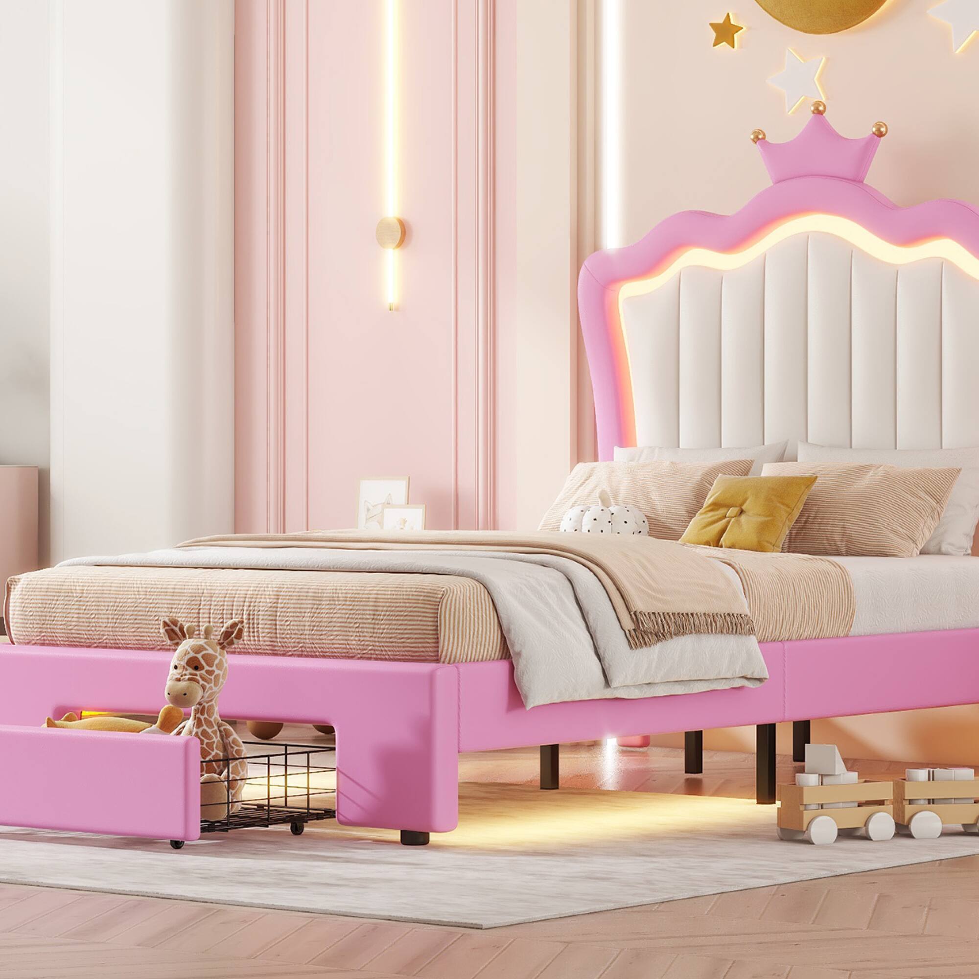 Alt View 9. GOODSILO - Twin Size Upholstered Platform Bed with LED Lighting and Storage Drawer, Modern Crown Headboard Design for Bedroom Decor - Pink+White.