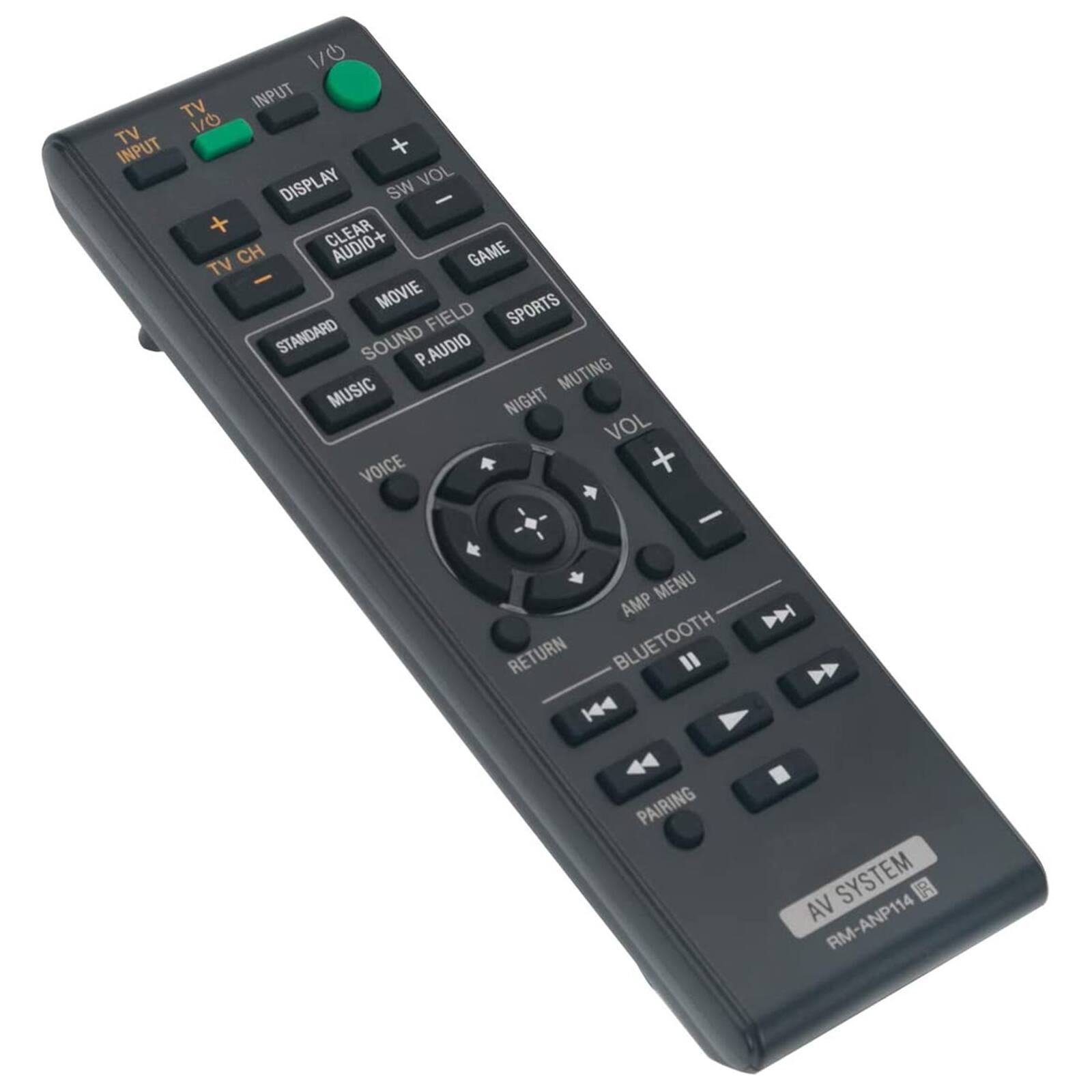 1/6 TV INPUT TV 1/O INPUT + DISPLAY SW VOL + CLEAR CH AUDIO+ GAME TV - MOVIE SPORTS FIELD STANDARD SOUND P.AUDIO MUSIC MUTING NIGHT VOL VOICE + - MENU AMP D RETURN BLUETOOTH "K4 PAIRING AV SYSTEM B RM-ANP114