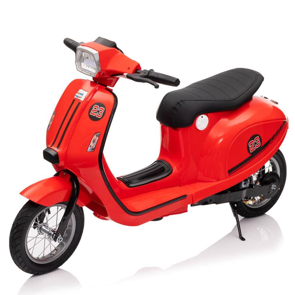 Angle. BreeBe - 24V 250W Electric Scooter w/ 12" Air Tires, Hand Brake & Accelerator, Dual Rear Suspension, Slow Start, Ages 8+ - Red.