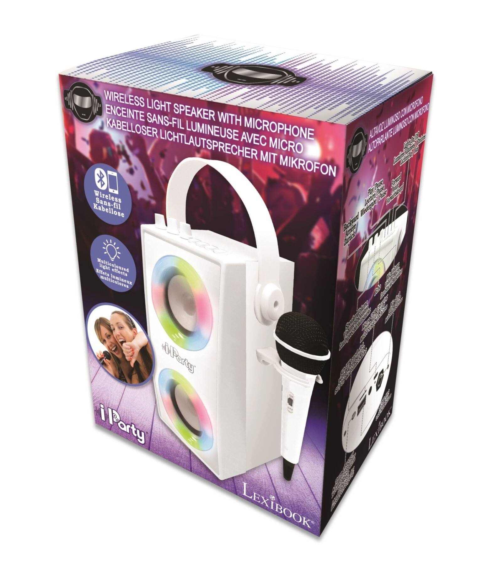 WIRELESS LIGHT SPEAKER WITH MICROPHONE  
ENCEINTE SANS-FIL AVEC MICRO  
KABELLOSER LICHTLAUTSPRECHER MIT MIKROFON  

Wireless Sans-fil le E  
Kabellose Feger Bcioud As Eileta  

Multicoloured light effects  
MPertgg i Party  

LEXIBOOK