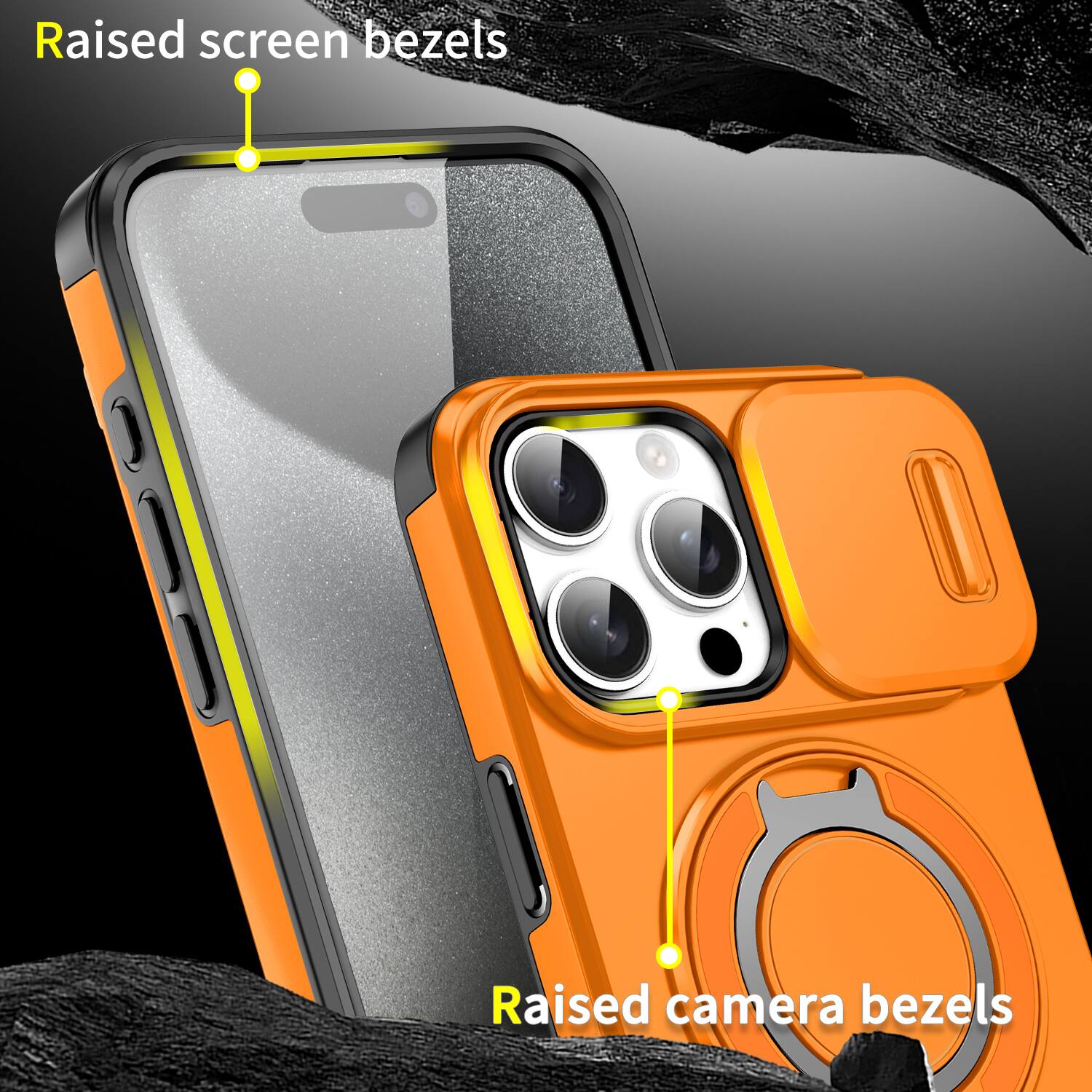 Raised screen bezels  
Raised camera bezels