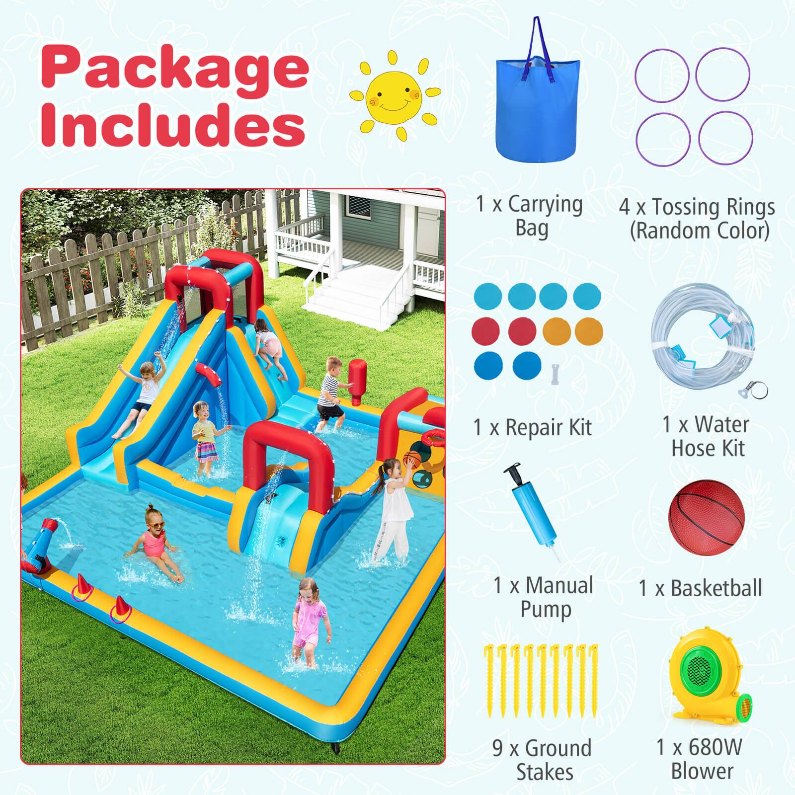 Package Includes

1 x Carrying Bag  
4 x Tossing Rings (Random Color)  
1 x Repair Kit  
1 x Water Hose Kit  
1 x Manual Pump  
1 x Basketball  
9 x Ground Stakes  
1 x 680W Blower